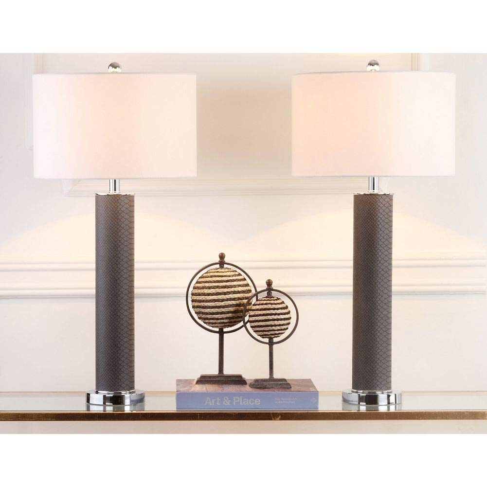 SAFAVIEH Ollie Modern Contemporary Grey Faux Snakeskin 32-Inch Table Lamp Set of 2 with LED Bulbs - Perfect for Bedroom, Living Room, Home Office & Nightstand Lighting