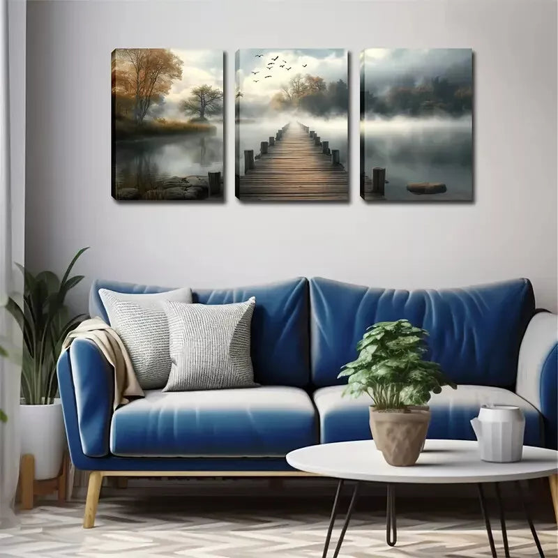 3-Piece Serene Lake & Wooden Bridge Triptych Wall Art Set - 40x60cm Framed Canvas - High Quality Print - 100% Australian Made - Ready to Hang - Perfect for Living Room, Bedroom & Office Decor
