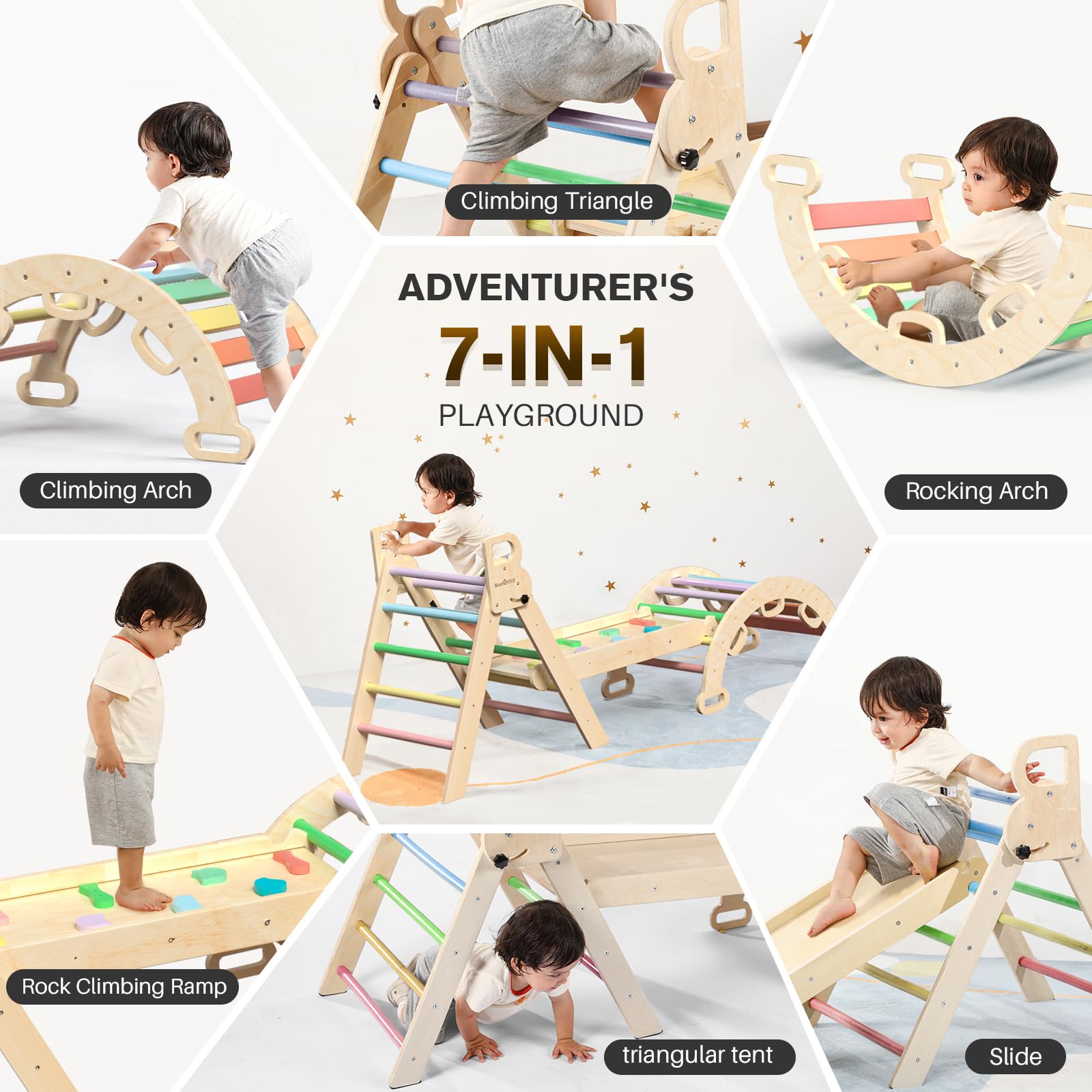 BlueWood 7-in-1 Foldable Pikler Triangle Set with Arch, Ramp & Ladder - Montessori Climbing Toy for Toddlers 1-3 Years | Indoor Jungle Gym for Kids | Rainbow Wooden Climber for Home Playroom & Daycare