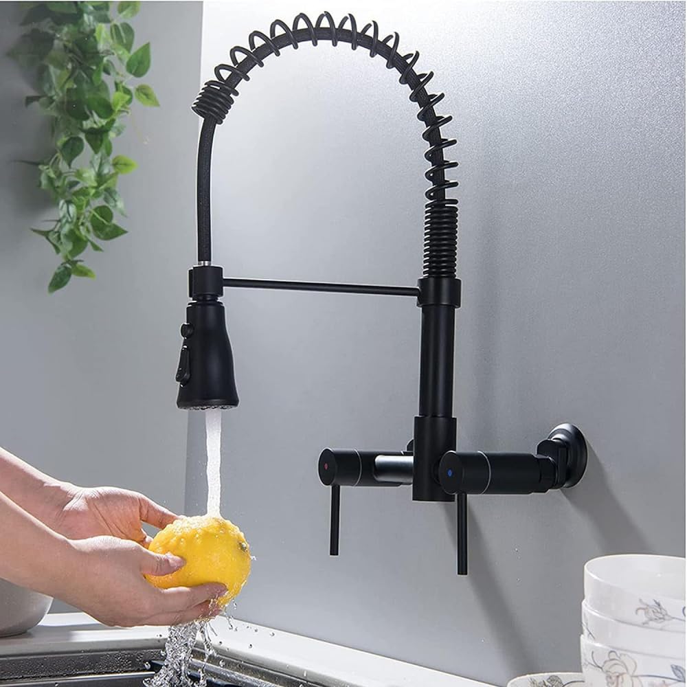 **BIVVI 8-Inch Wall Mount Kitchen Faucet with Pull Down Sprayer, Double Handle Mixer Tap, 360° Swivel Spring Design - Matte Black for Modern Farmhouse & Industrial Style Kitchens**