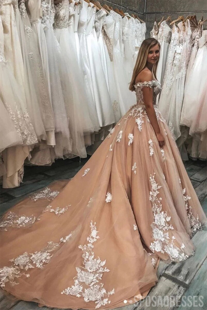 Elegant Off Shoulder Lace Applique Wedding Dress WD646 - Affordable Bridal Gowns for Beach, Church & Garden Weddings