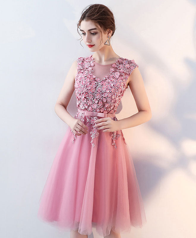 Elegant Pink Tulle Lace Short Prom Dress with Floral Appliques - Homecoming Party Dress for Teens - Perfect for Prom Night, Sweet 16, Quinceañera & Formal Dances