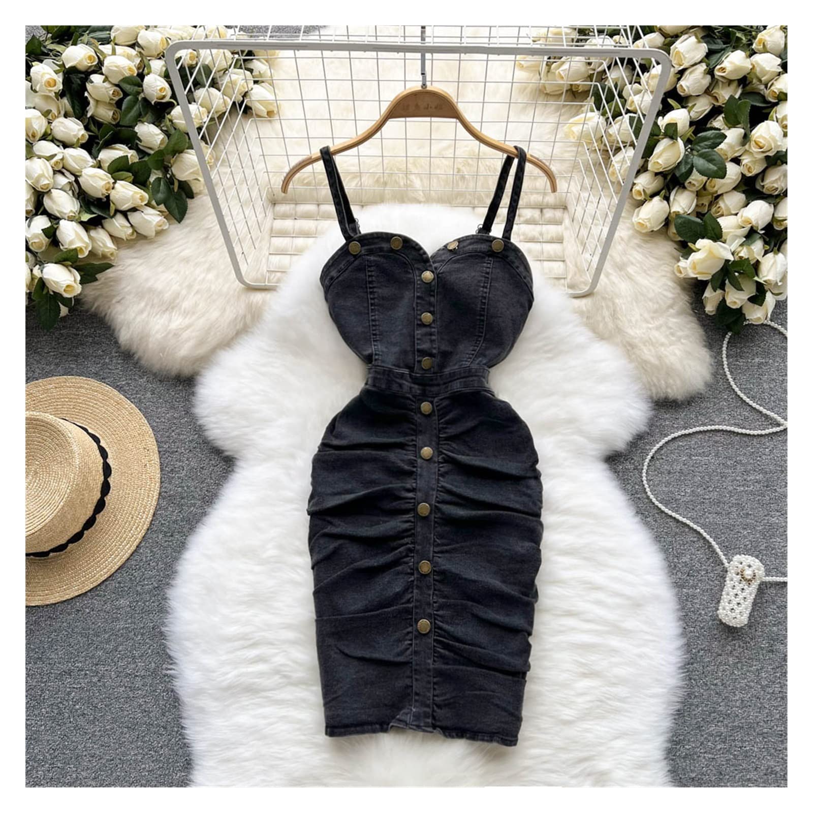 Sexy Denim Spaghetti Strap Bodycon Mini Dress for Women - Single Breasted Jean Dress (Color A, Size L) | Perfect for Date Night, Club Outfits & Summer Fashion