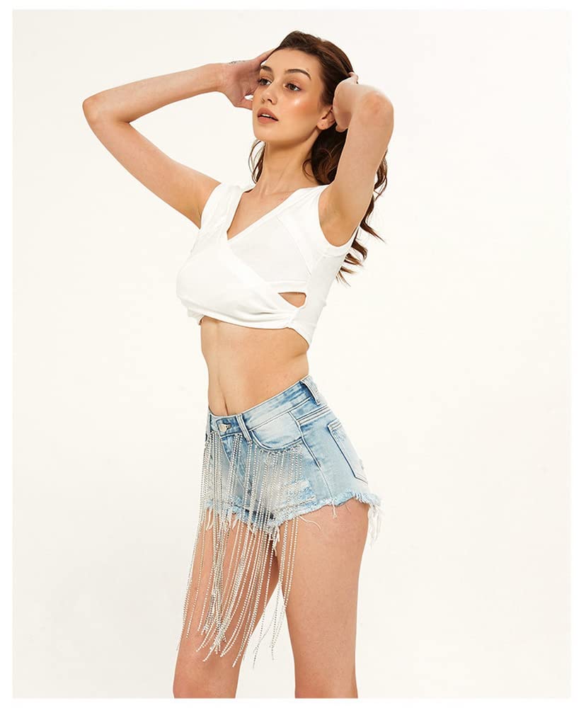 COMLIFE Women's Summer Denim Shorts - Tassel Fringe Wide Leg Rhinestone Embellished Sexy High Waist Jeans for Beach, Party & Casual Outfits