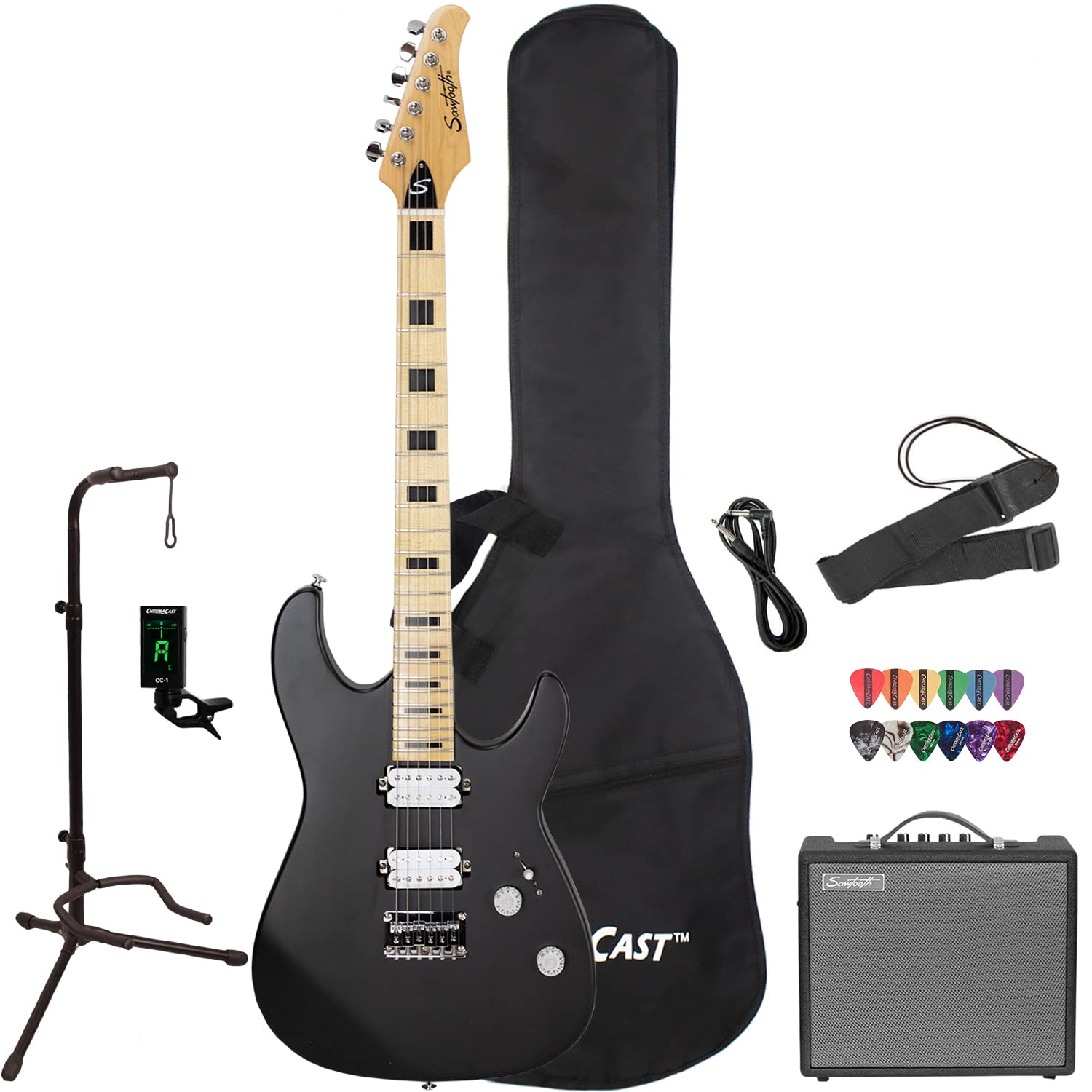 GoDpsMusic ST-M24 6-String Electric Guitar Player's Pack - Right Handed, Satin Black Finish | Perfect for Beginners, Practice & Live Performances