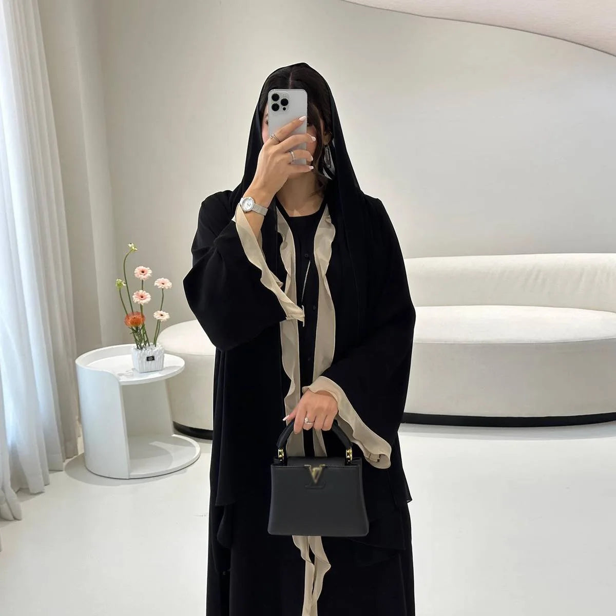 Urgarment Flounced Open Abaya Dress - Elegant Black Cardigan for Women | Perfect for Modest Fashion, Prayer, and Special Occasions