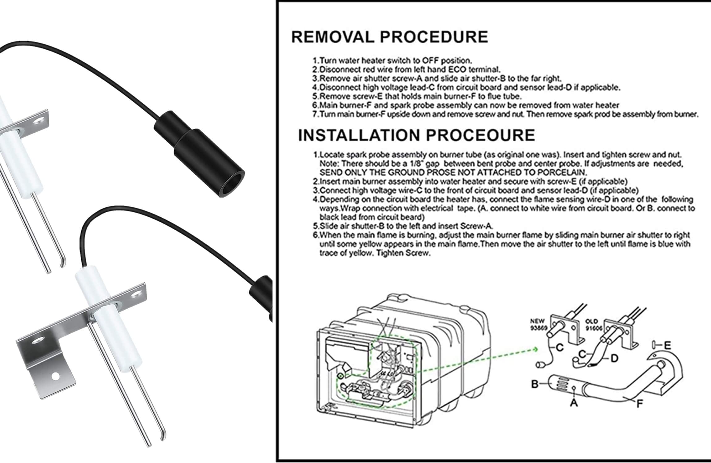 RV Water Heater Igniter Electrode with Spark Probe - Replacement Parts for Atwood 93868, GCH6-4E & GCH6-6E - 2-Prong Igniter Repair Kit for RV & Camper Emergency Use - Perfect for On-the-Road Hot Water System Maintenance (1 Pack)
