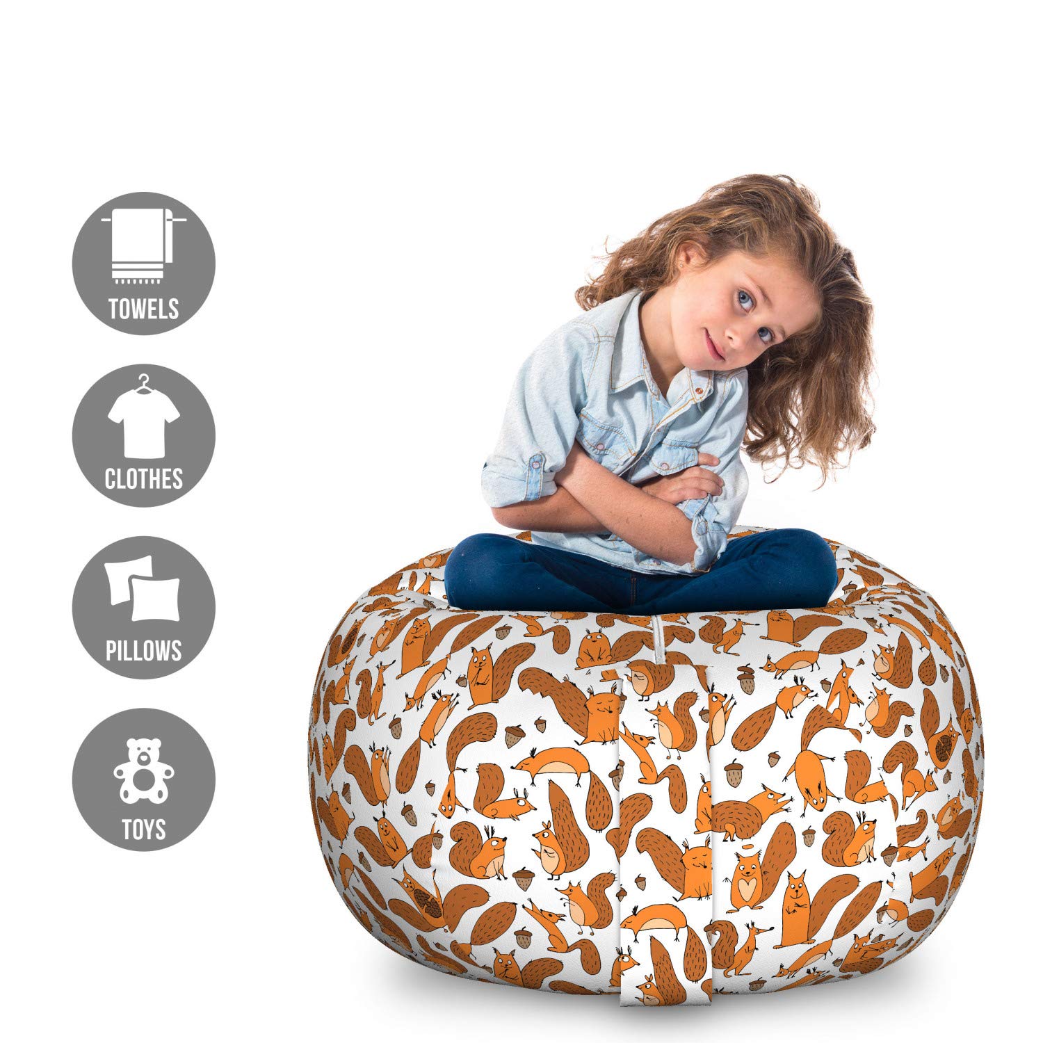 Lunarable Funny Squirrel Family Storage Toy Bag Chair - Large Washable Stuffed Animal Organizer with Nut-Themed Continuous Pattern Print in Dark Orange - Perfect for Kids' Room Decor, Playroom Storage & Cozy Reading Nook