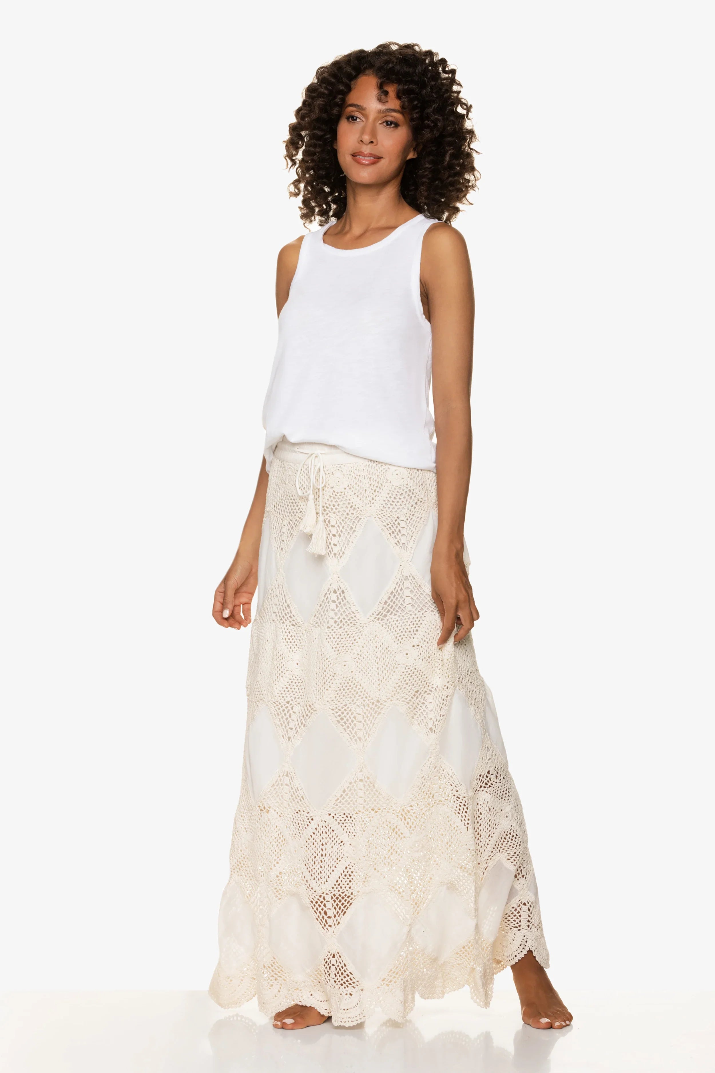 Elegant Scallop Crochet Maxi Skirt & Bandeau Dress Set in Ivory - Perfect for Beach Vacations, Summer Weddings & Boho Fashion