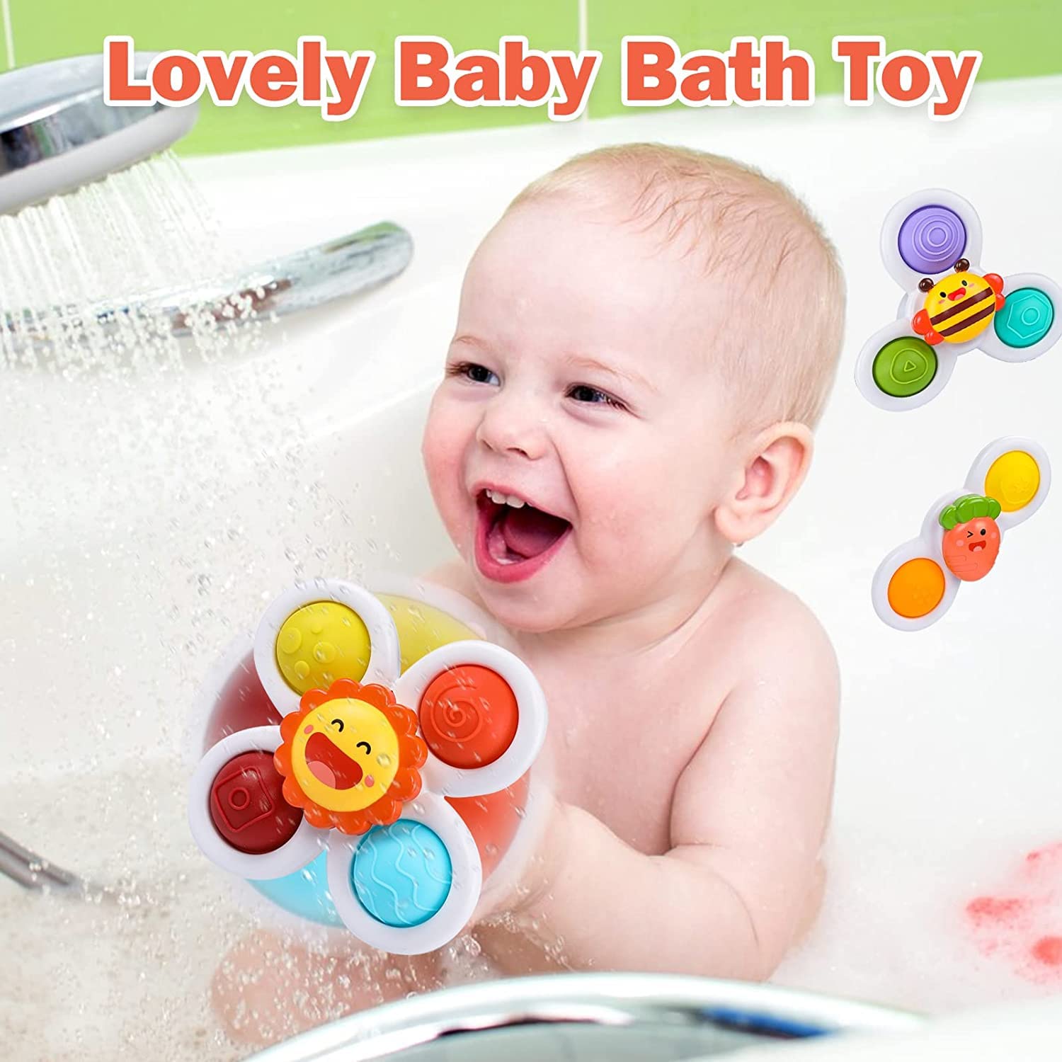3 Pack Suction Cup Spinner Toys - Stress Relief Fidget Toys for Babies & Kids - Bubble Sensory Rotation Fun for Bath Time, Travel, Restaurants & Parties