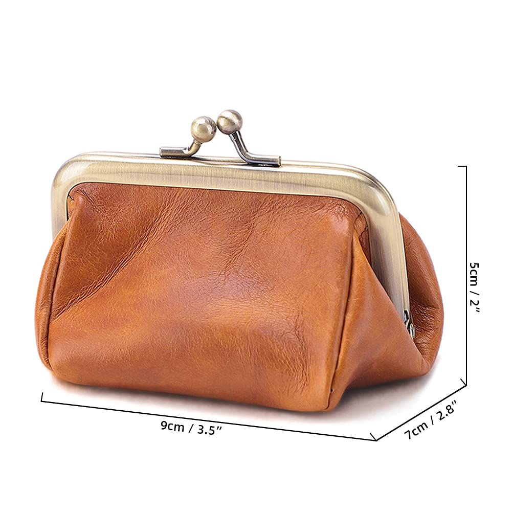 Genuine Leather Clutch Bag for Women - Kiss Lock Wallet & Retro Coin Purse Organizer - Elegant Small Handbag for Parties, Dating & Daily Use