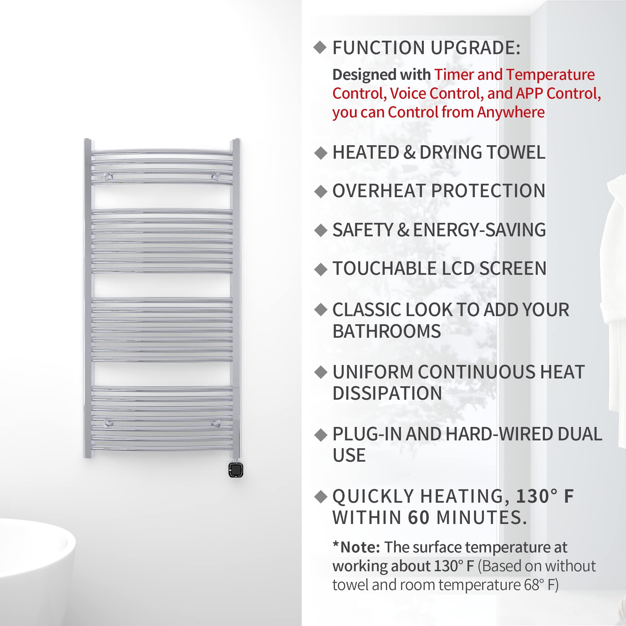 HEATGENE Smart Towel Warmer with Timer & Temperature Control - Large Electric Heated Towel Rack with Alexa & Google Home Compatibility - Bathroom Luxury Essentials for Spa, Hotel & Home Use (Chrome)