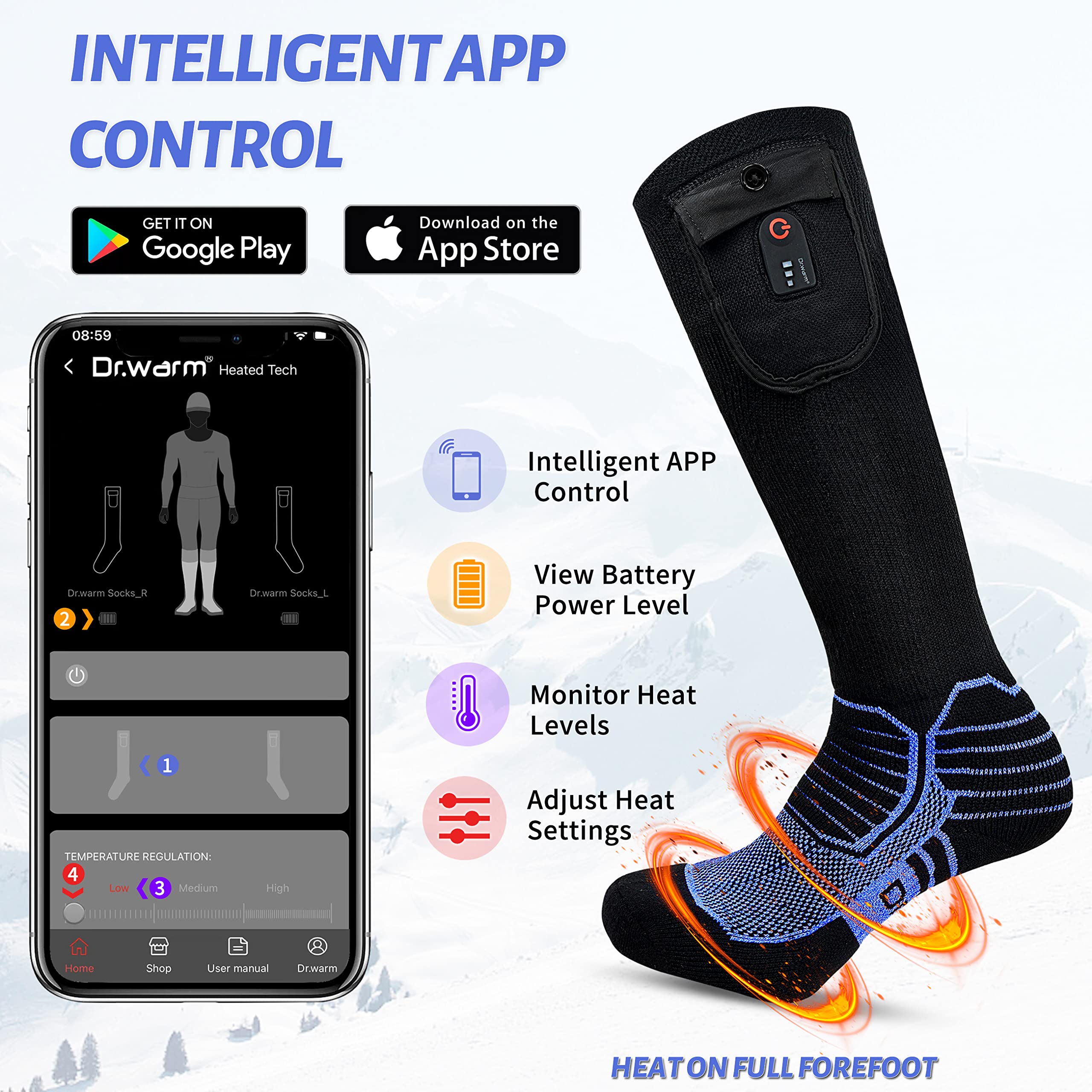 Dr. Warm Electric Heated Socks for Men & Women - 3000mAh Rechargeable Battery, APP Controlled Winter Foot Warmers - Perfect for Outdoor Activities Like Skiing, Hiking & Cold Weather Work