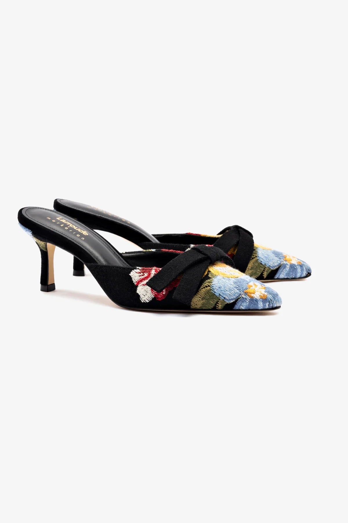 Larroudé x Markarian Black Wool Mule Shoes with Floral Embroidery - Elegant Slip-On Loafers for Women | Perfect for Office, Parties & Special Occasions