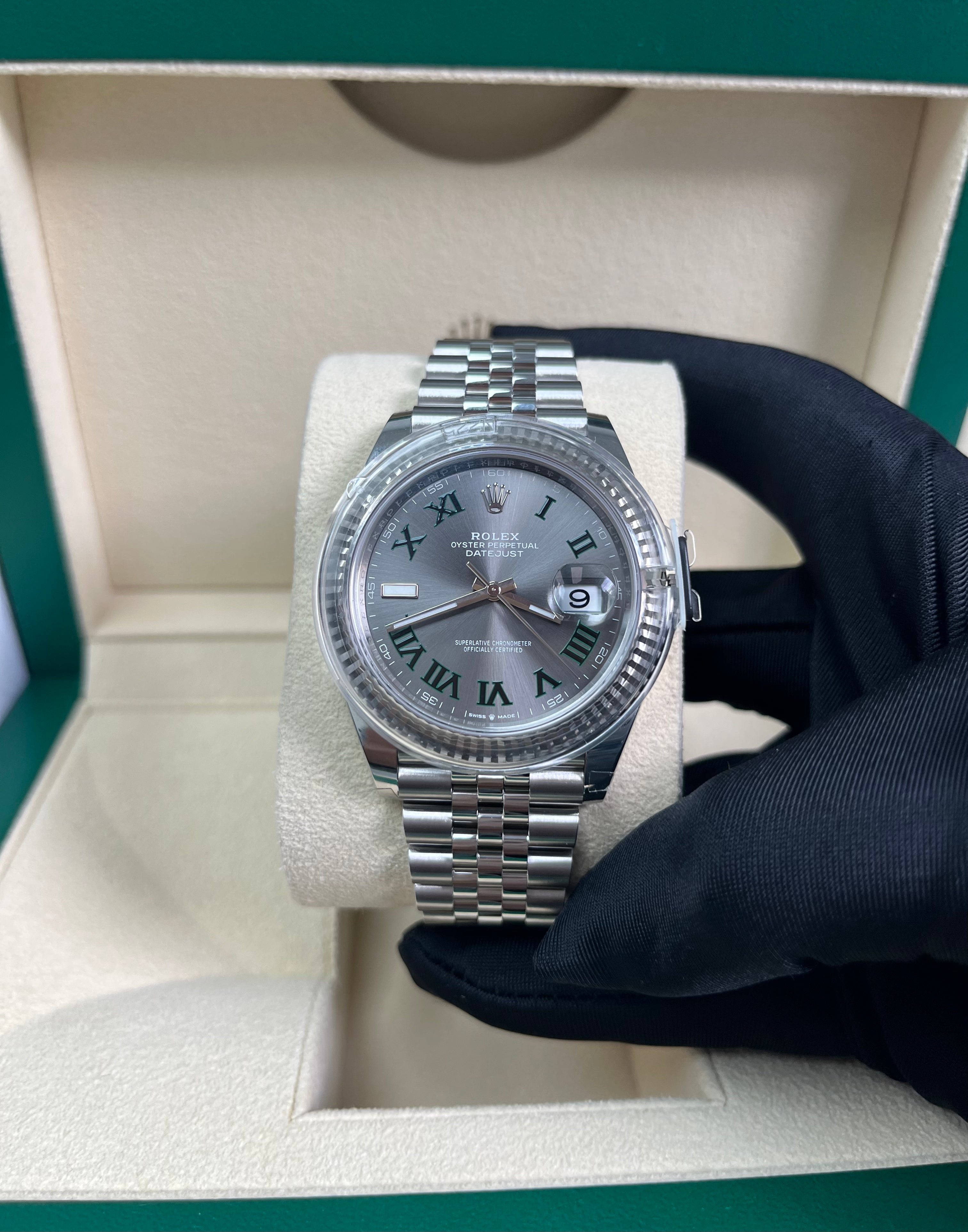 Rolex Datejust 41 Men's Watch - Two Tone 18k White Gold & Steel, Grey Slate Wimbledon Green Dial, Fluted Bezel, Jubilee Bracelet (Ref# 126334) | Luxury Dress Watch for Business & Formal Occasions