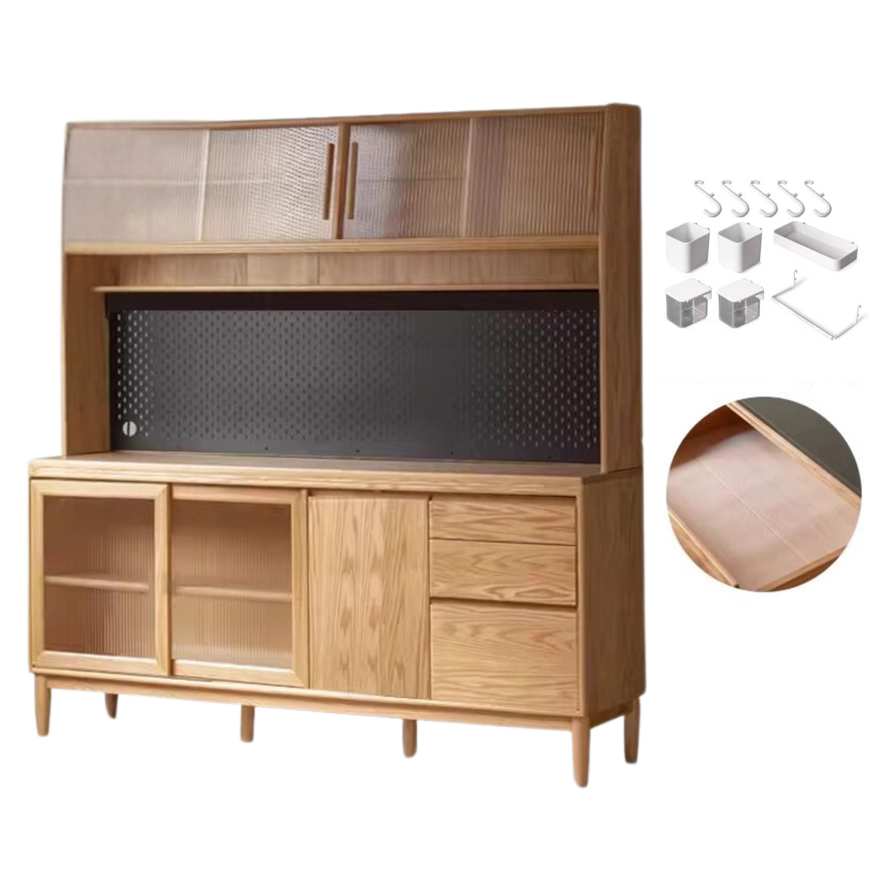 82.7x15.7x78.7 inch / 210x40x200.8 cm / Natural Wood Color /Oak solid wood sideboard + upper shelf with waterproof drawer bottom pad+perforated board seven-piece set