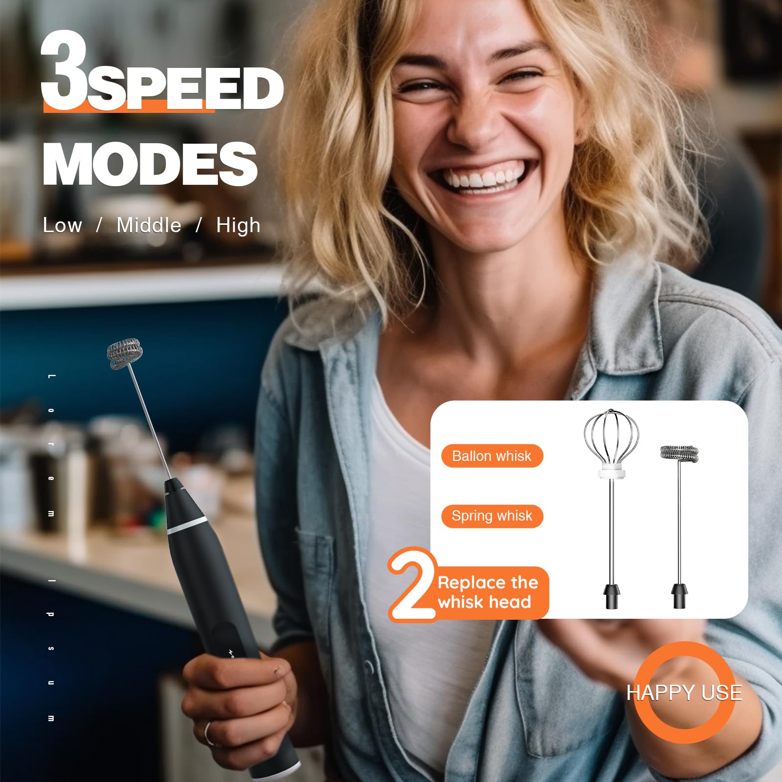 Rechargeable Handheld Electric Milk Frother - 3 Speed Adjustable with 2 Stainless Steel Whisk Attachments for Coffee, Matcha, Latte, Cappuccino & Hot Chocolate (Black) | Perfect for Home Baristas & Coffee Lovers