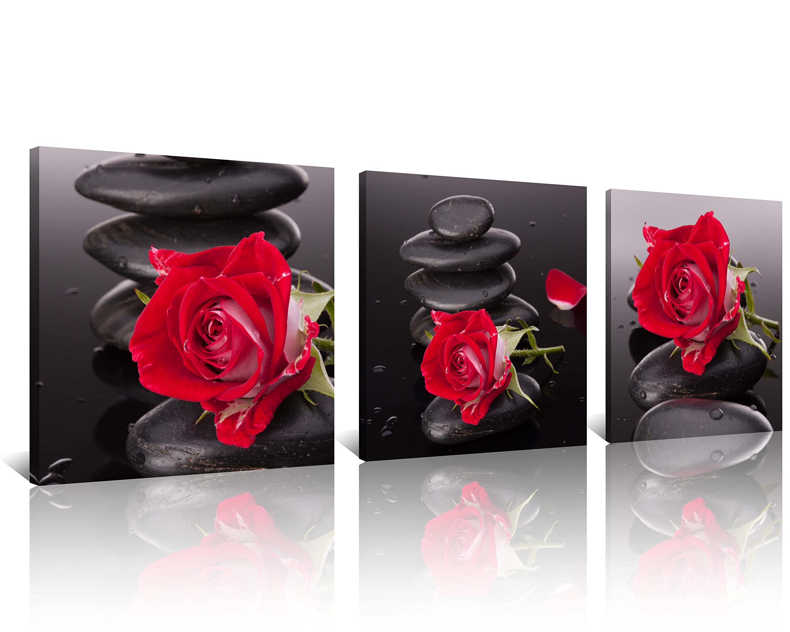 Red Canvas Wall Art - Zen Stones & Rose Pictures for Bedroom, Living Room, Kitchen & Bathroom Decor | Black & White Spa Style Home Decorations | Flower Paintings & Wall Artwork for Relaxing Spaces
