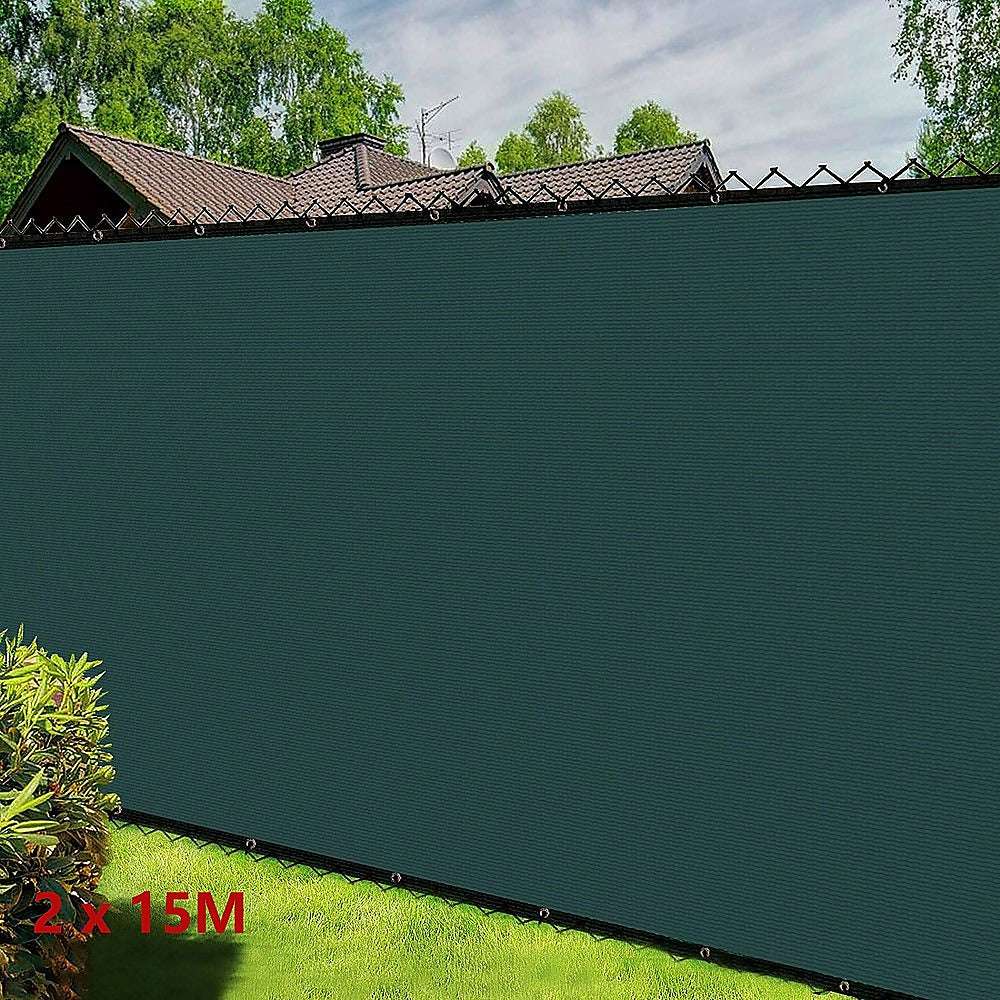 15m x 2m Dark Green Privacy Fence Windscreen - Heavy Duty Shade Cover Mesh for Garden, Backyard, and Sports Field Protection | UV Resistant & Durable Outdoor Fabric