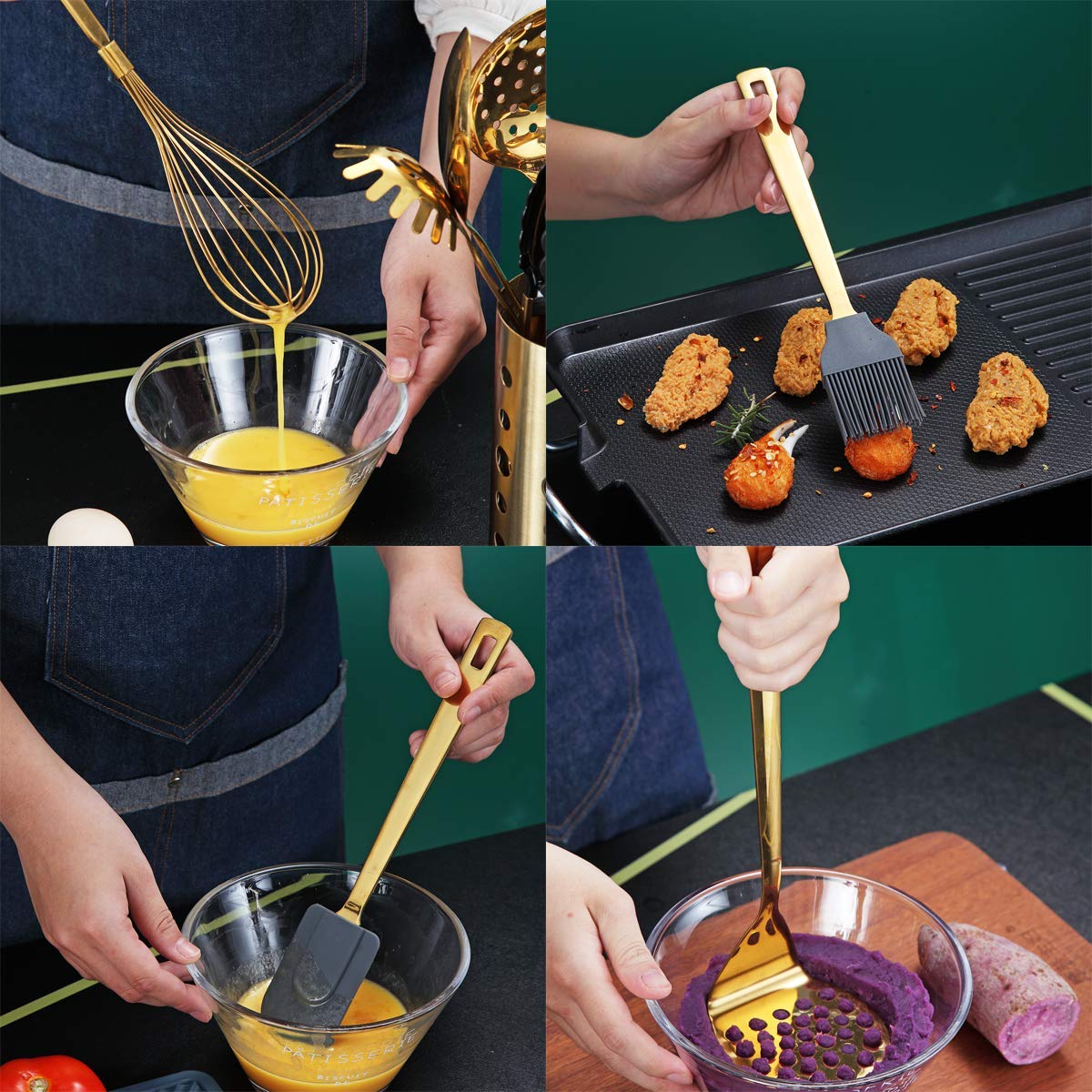 Premium 13-Piece Gold Plated Stainless Steel Kitchen Utensil Set by Berglander - Nonstick Cooking Tools with Holder, Dishwasher Safe & Easy to Clean - Perfect for Baking, Frying, and Everyday Cooking