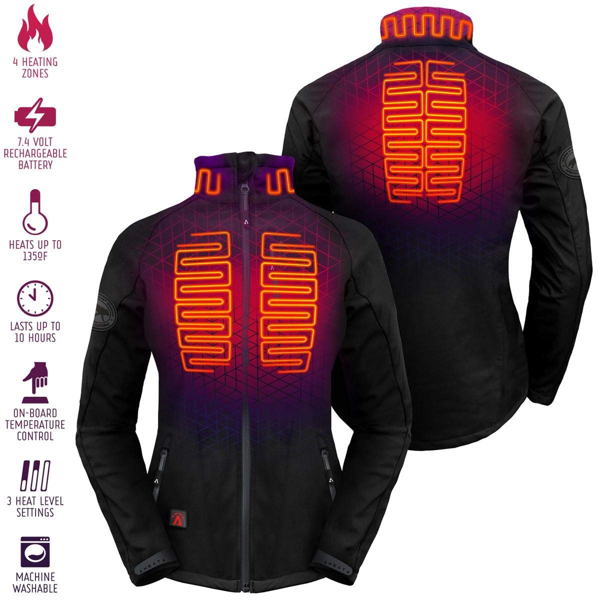 7V Battery Heated Jacket for Women - Winter Softshell Heated Jacket with USB Charging - Warm Electric Jacket for Skiing, Hiking & Outdoor Activities - Black - Perfect for Cold Weather & Winter Sports