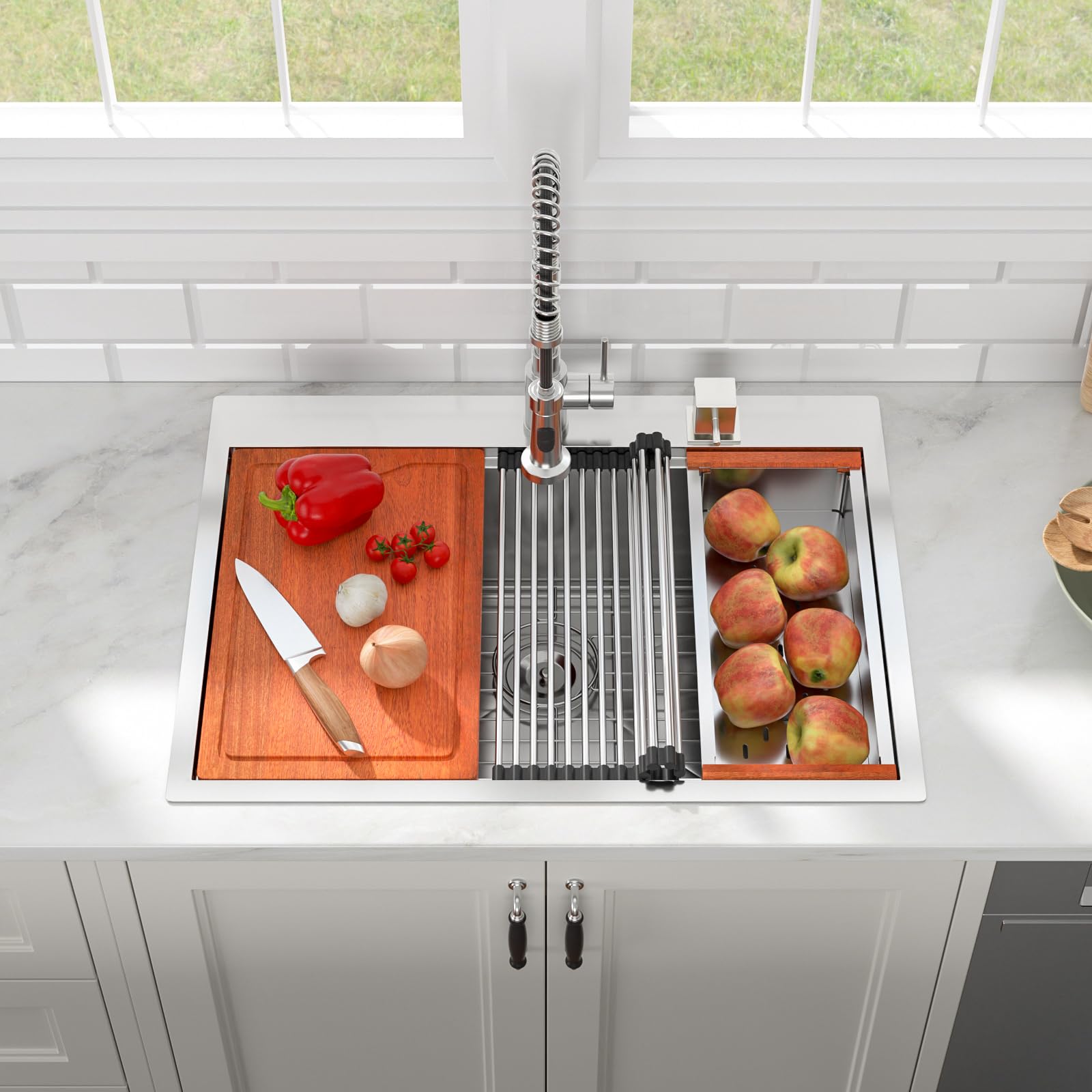 30”x22“ Drop-In Workstation Kitchen Sink - 16 Gauge Stainless Steel Handmade Single Bowl with Ledge Topmount - Contemporary Deep Basin for Modern Kitchens (Perfect for Meal Prep, Dishwashing & Entertaining)