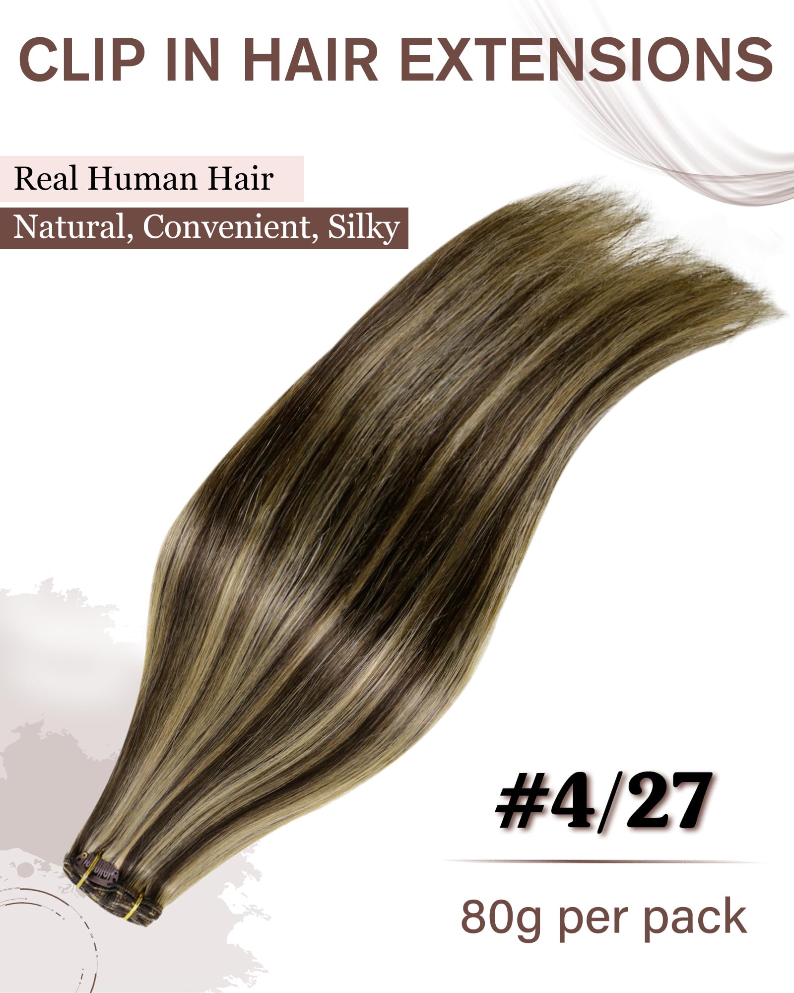 Hetto 22 Inch Clip-in Hair Extensions - 100% Real Human Hair, Long Straight, #4 Brown Highlights & #27 Honey Blonde, 5-Piece Set (80g) - Perfect for Parties, Weddings & Daily Styling