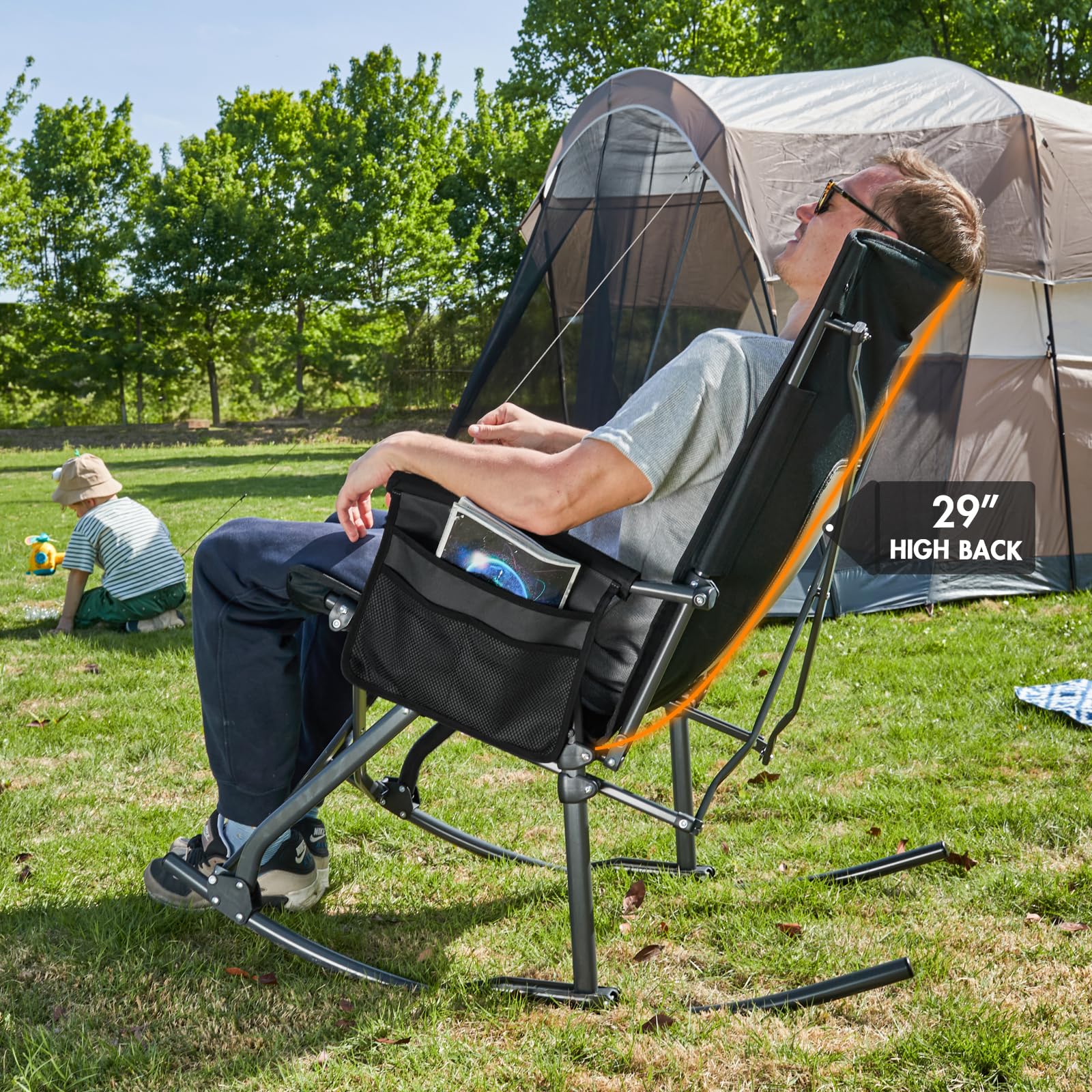 **PORTAL Oversized Folding Rocking Camping Chair - Portable Outdoor Rocker with High Back, Hard Armrests & Carry Bag - Supports 400 lbs, Breathable Mesh Back - Perfect for Camping, Beach, Backyard & Patio Relaxation**