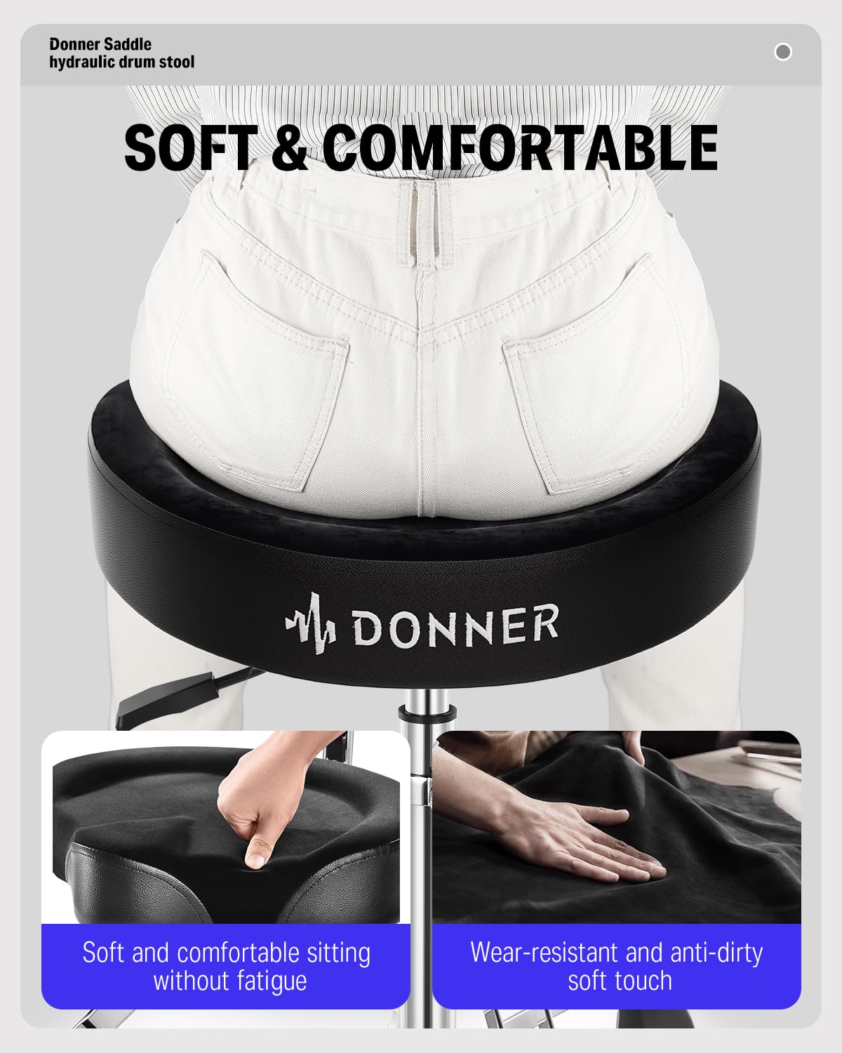 Donner Heavy Duty Hydraulic Drum Throne with Backrest - Adjustable Height Motorcycle Style Drum Seat for Adult Drummers (Black) | Perfect for Drum Practice, Live Performances & Studio Recording