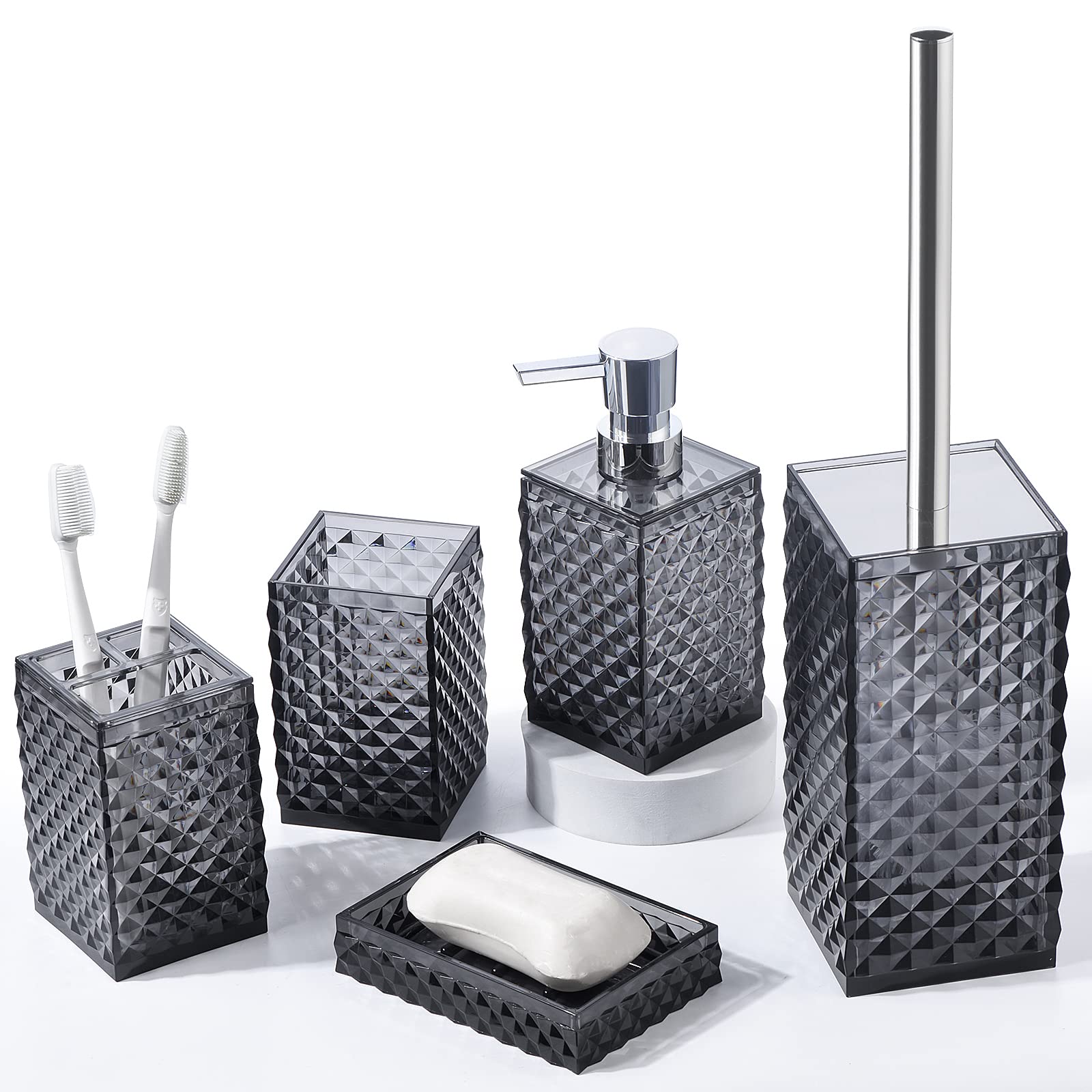 6-Piece Acrylic Bathroom Accessories Set - Toothbrush Holder, Soap Dispenser, Toilet Brush & More | Modern Black Bathroom Decor | Perfect Housewarming Gift for Home, Apartment & Dorm Use