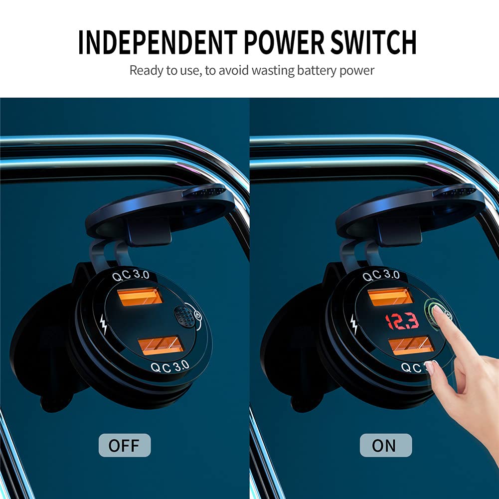 12V-24V Dual USB Car Fast Charger with Voltmeter & Mechanical Switch - Aluminum Alloy Multi-Function Car Charger for Road Trips & Daily Commutes