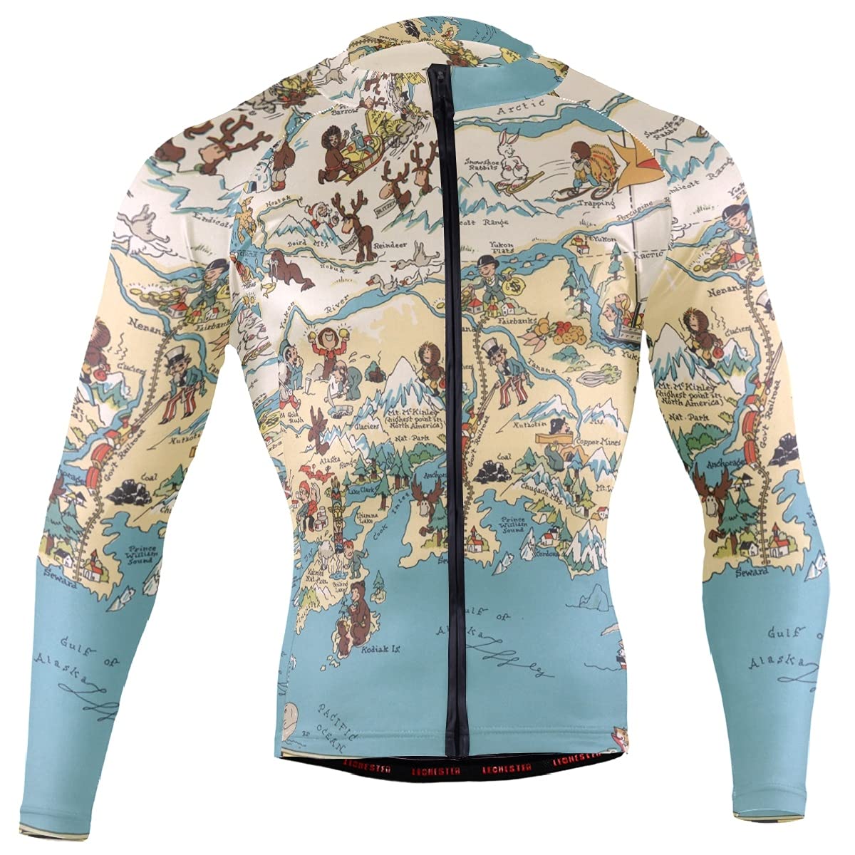 Vintage 1935 Alaska State Map Cycling Jersey for Men - Long Sleeve Bicycle Shirt with Full Zipper - Breathable Bike Jacket for Road Cycling, Mountain Biking & Outdoor Adventures