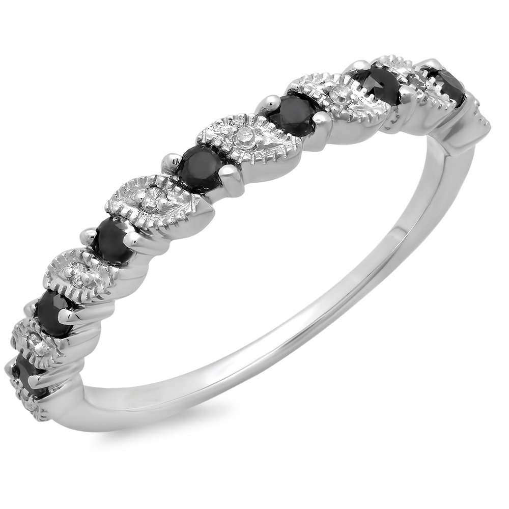 0.30 Carat 10K Solid Gold Round Black & White Diamond Women's Wedding Band - Millgrain Detailing Stackable Ring for Bridal, Anniversary & Everyday Elegance