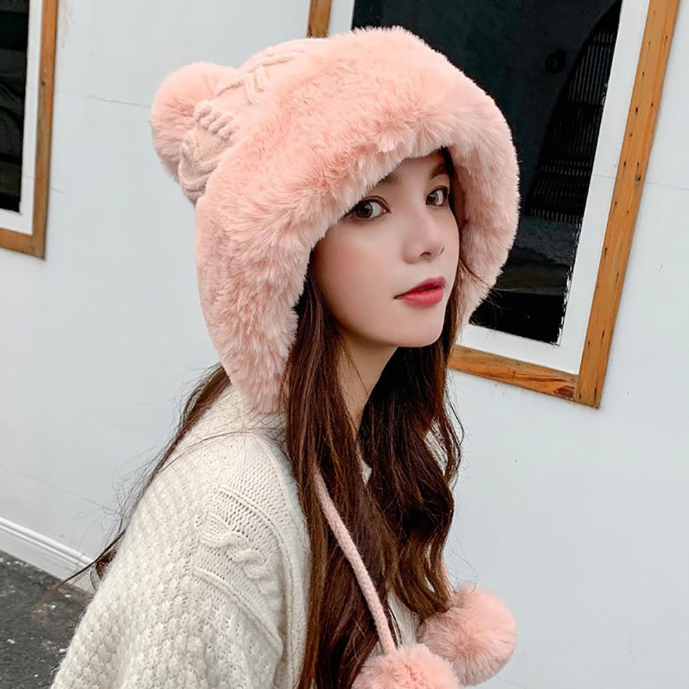 Women's Winter Pompom Beanie Hat - Soft Fluffy Knit Faux Fur Crochet Skull Cap with Ear Warmers for Cold Weather | Cozy Outdoor Activities, Snow Days & Fashion Accessory