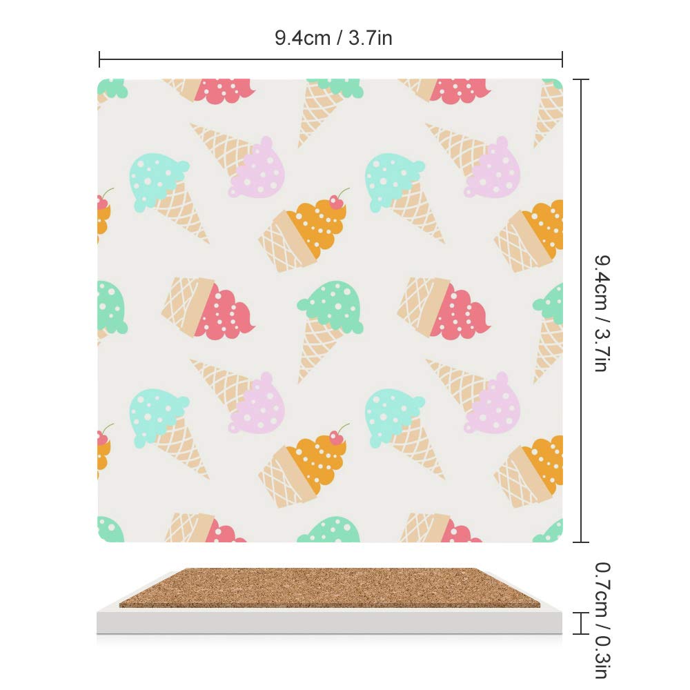 Ceramic Drink Coasters Set of 4 - Square Waffle Cone Ice Cream Design - Non-Slip Table Protectors for Coffee Mugs, Glasses & Hot Dishes - Perfect for Kitchen, Dining Room & Office Decor