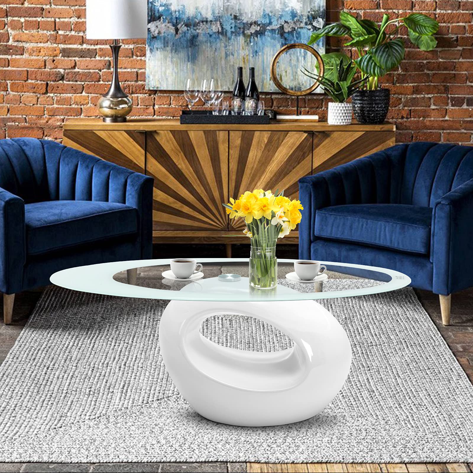 Modern Oval Glass Coffee Table with Tempered Top & Glossy Storage Base - Contemporary Living Room Center Table for Sofa & Lounge Areas - White