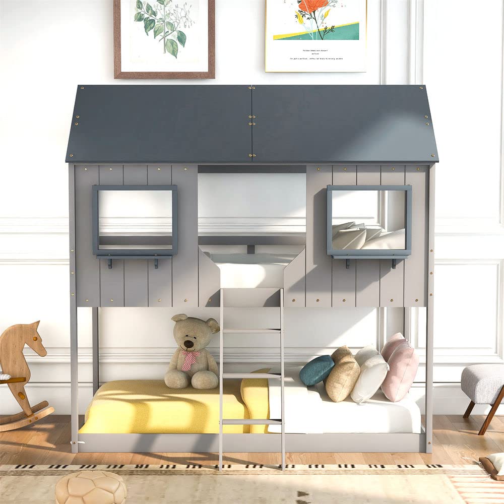 Wooden House Bunk Bed - Twin Over Twin Bunk Bed Frame with Guardrail & Ladder, Low Profile Kids Bunk Bed with Roof & Windows - Perfect for Small Spaces, Bedroom Decor for Boys & Girls - No Box Spring Needed (Gray) - Ideal for Kids' Bedrooms, Sleepovers & Space-Saving Solutions