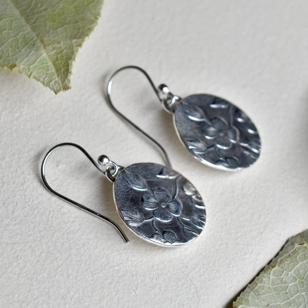 Floral Die Struck Silver Earrings - Elegant Sterling Silver Dangle Earrings for Women - Perfect for Weddings, Parties & Everyday Wear