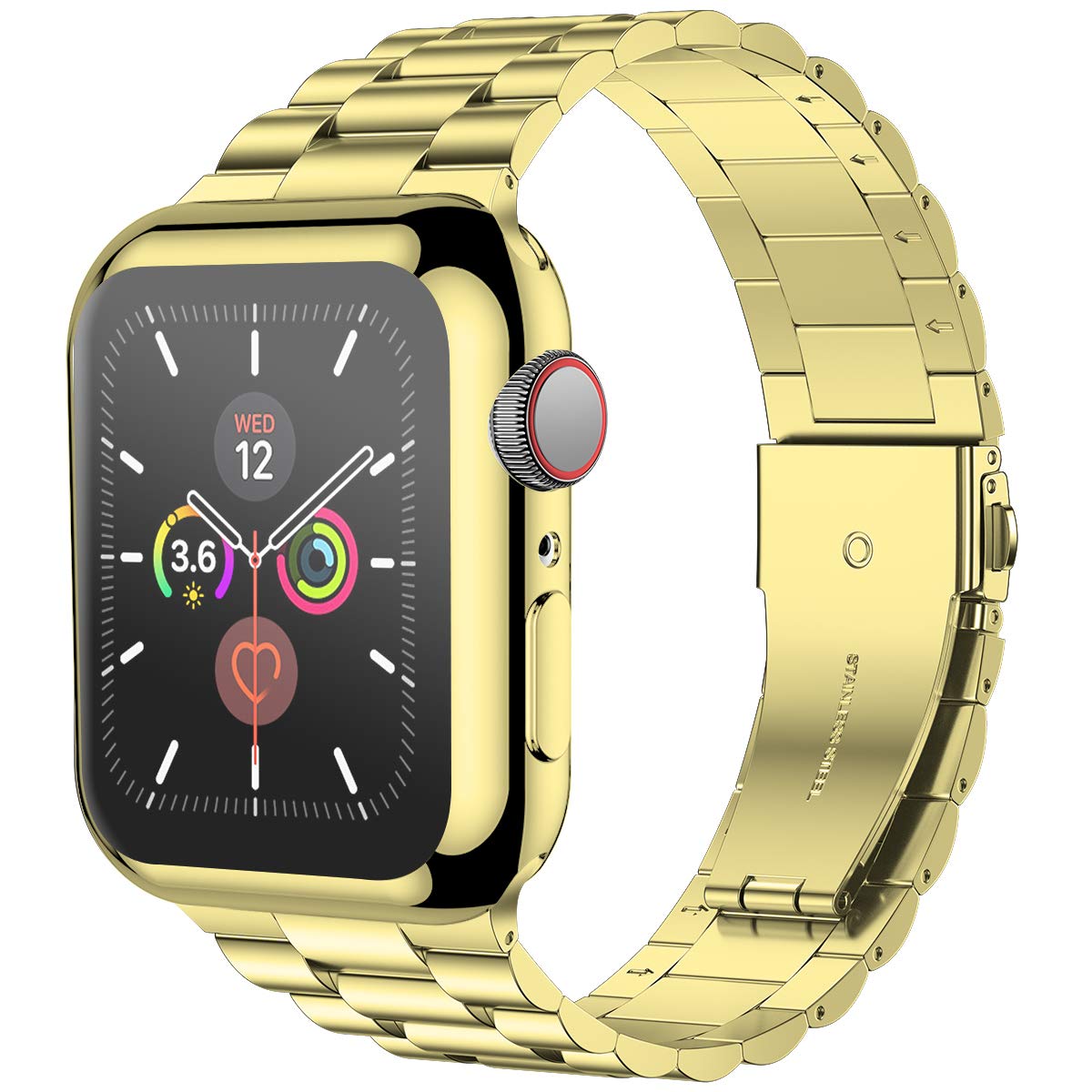 iiteeology Compatible with Apple Watch Bands 41mm for Series 9/8/7 - Upgraded Stainless Steel Strap with Screen Protector Case (Gold/Gold) - Elegant Women's Smartwatch Accessory for Workout, Office & Daily Wear