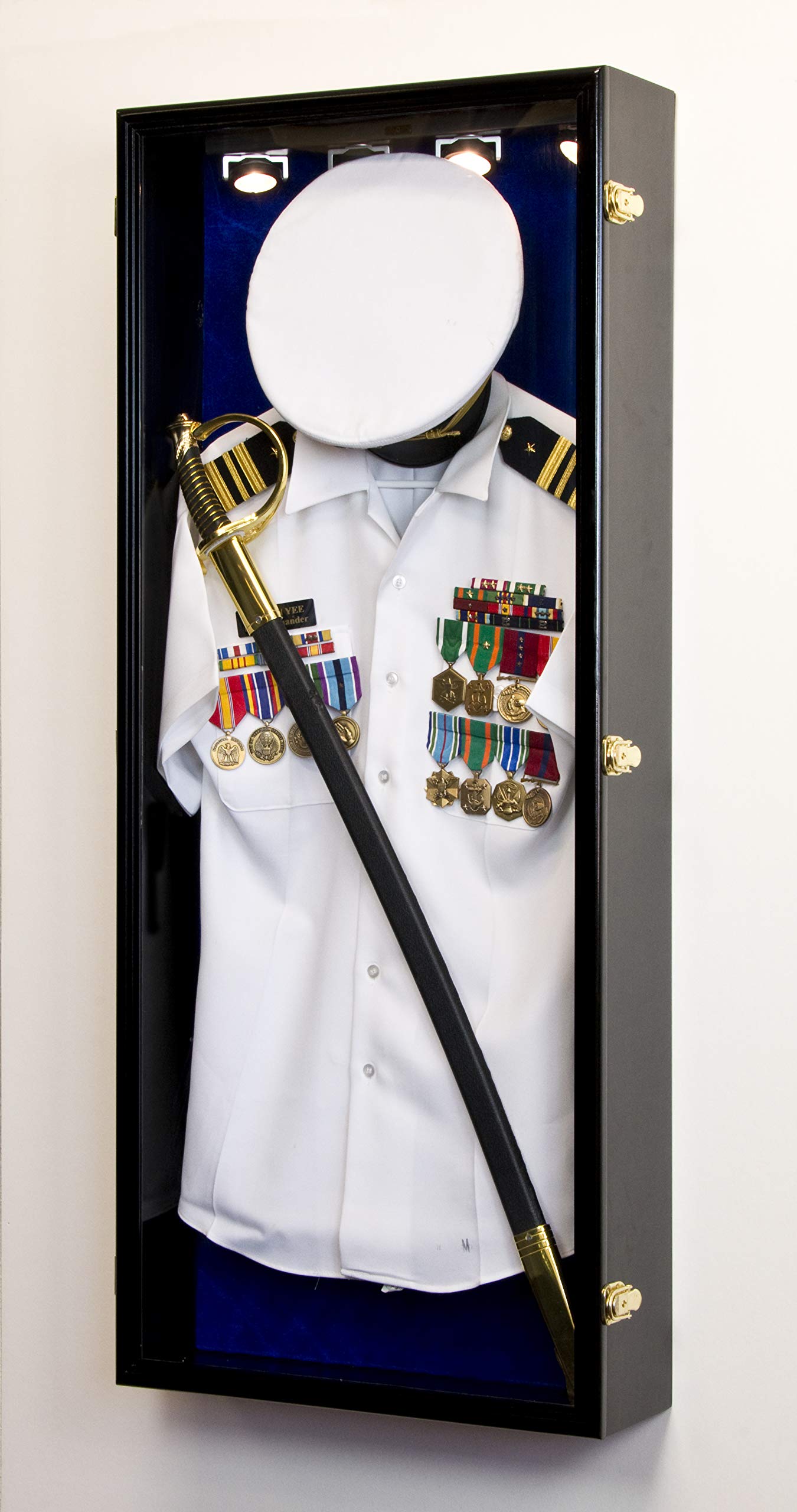 Military Shadow Box Display Case - Lockable Wall Frame for Uniform, Cap, Hat, Sword & Medals (Black Finish + LED Light, Blue Felt Background) - Perfect for Veterans, Collectors & Home Decor