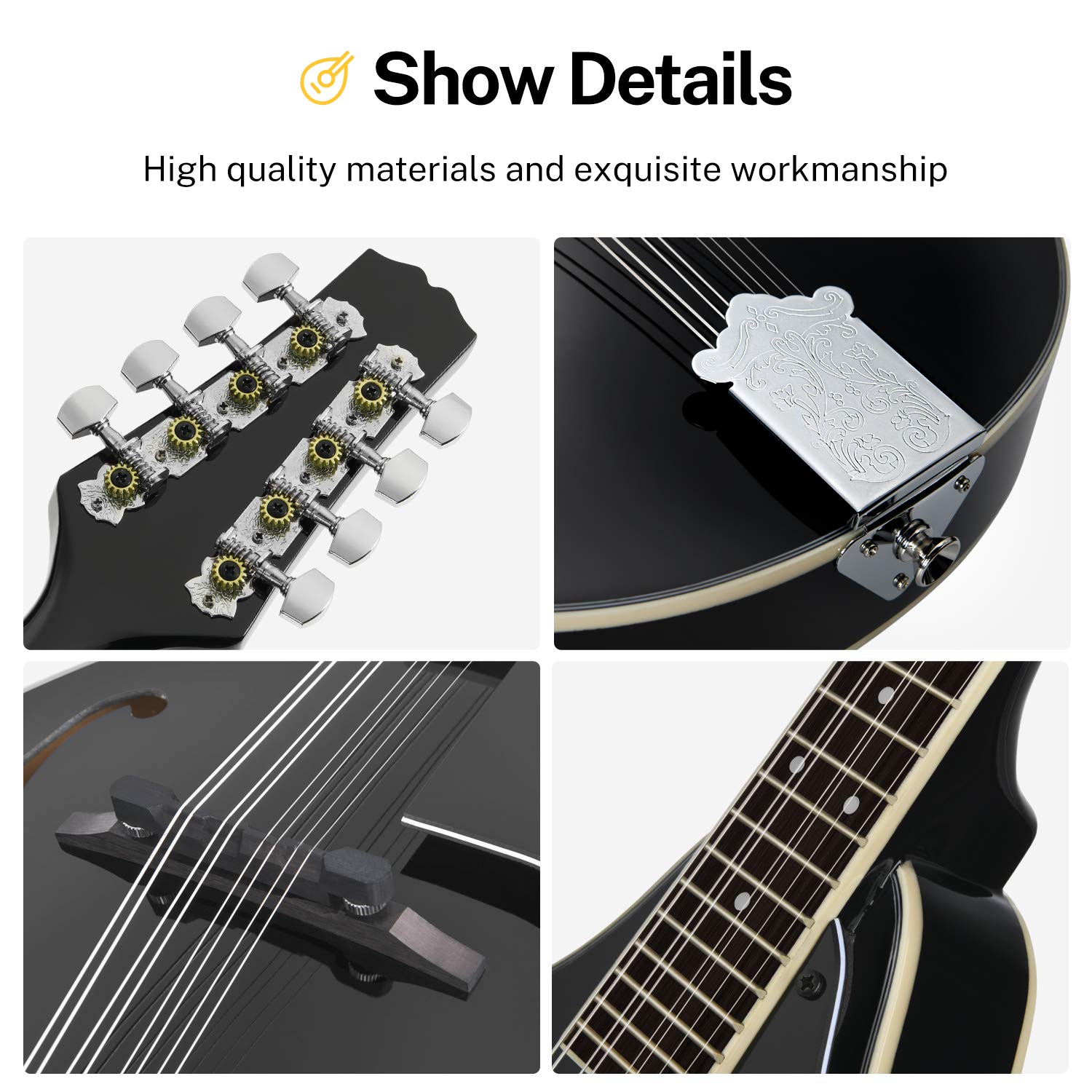 **Donner DML-100B Mahogany 8-String Acoustic Mandolin for Beginners & Adults – Black A-Style Mandolin with Tuner, Strings, Bag & Guitar Picks – Perfect for Folk, Bluegrass & Travel**