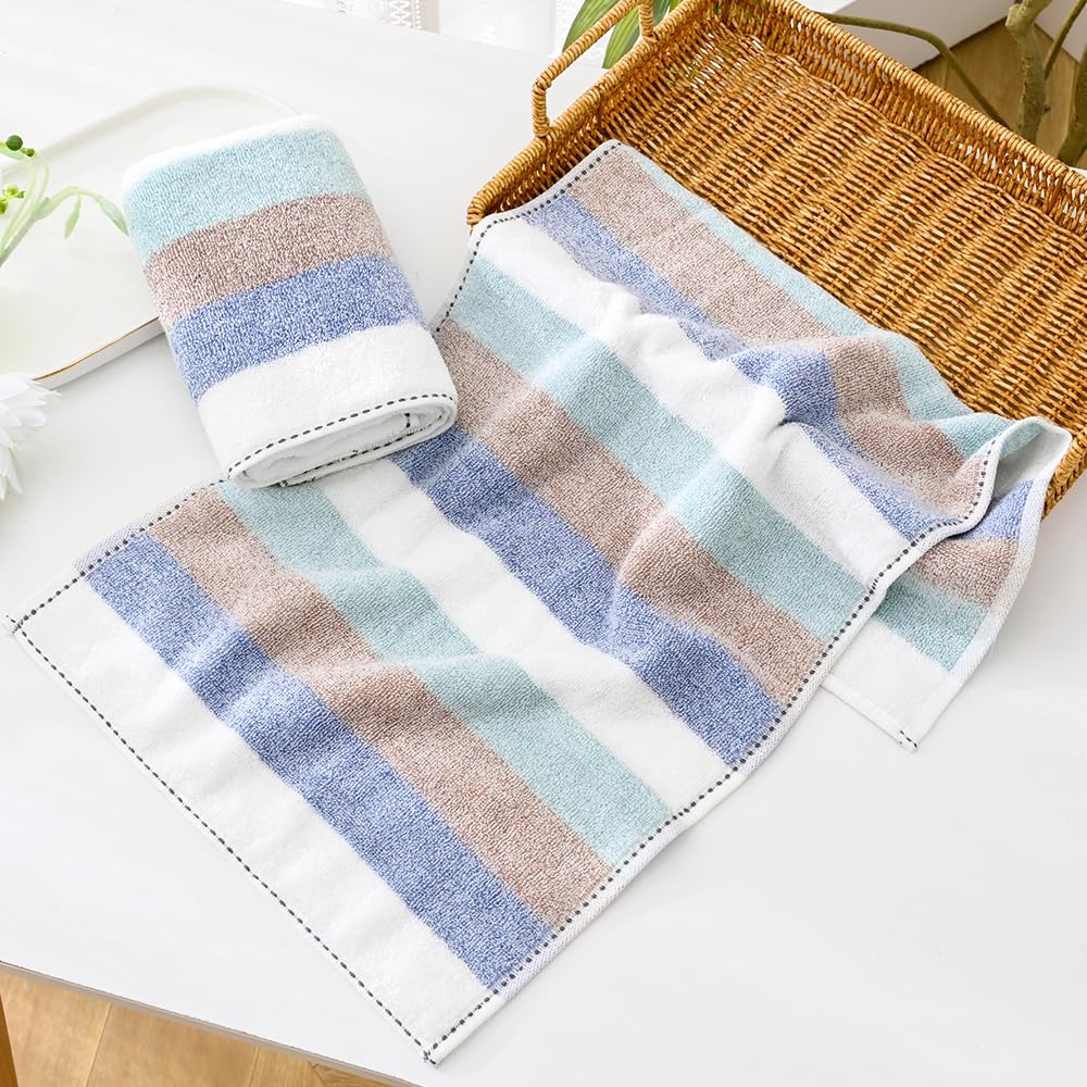 YiLUOMO 2-Pack Blue Striped Cotton Hand Towels - 13x29 Inch, 100% Premium Soft & Absorbent Bath Towels for Kitchen, Bathroom & Guest Use - Quick-Drying Decorative Towel Set for Spa, Gym & Home Decor