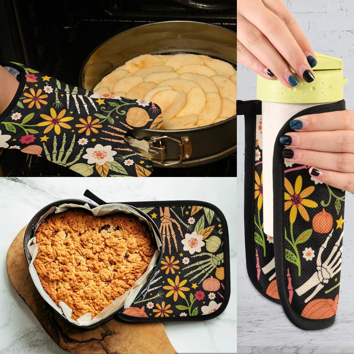 **Halloween Sugar Skull Oven Mitts & Pot Holders - 2pcs Heat Resistant Non-Slip Kitchen Potholder Set for Cooking, Baking, BBQ - Day of The Dead Decor for Spooky Season & Mexican-Themed Parties**