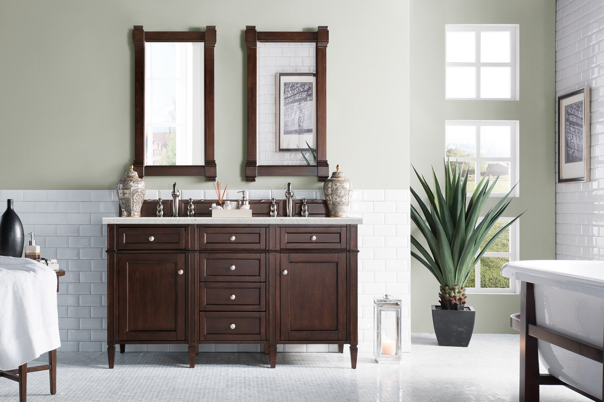 Brittany 60-Inch Burnished Mahogany Double Vanity with 3CM Eternal Jasmine Pearl Quartz Top - Luxury Bathroom Vanity Set for Master Bath & Guest Bath Remodel