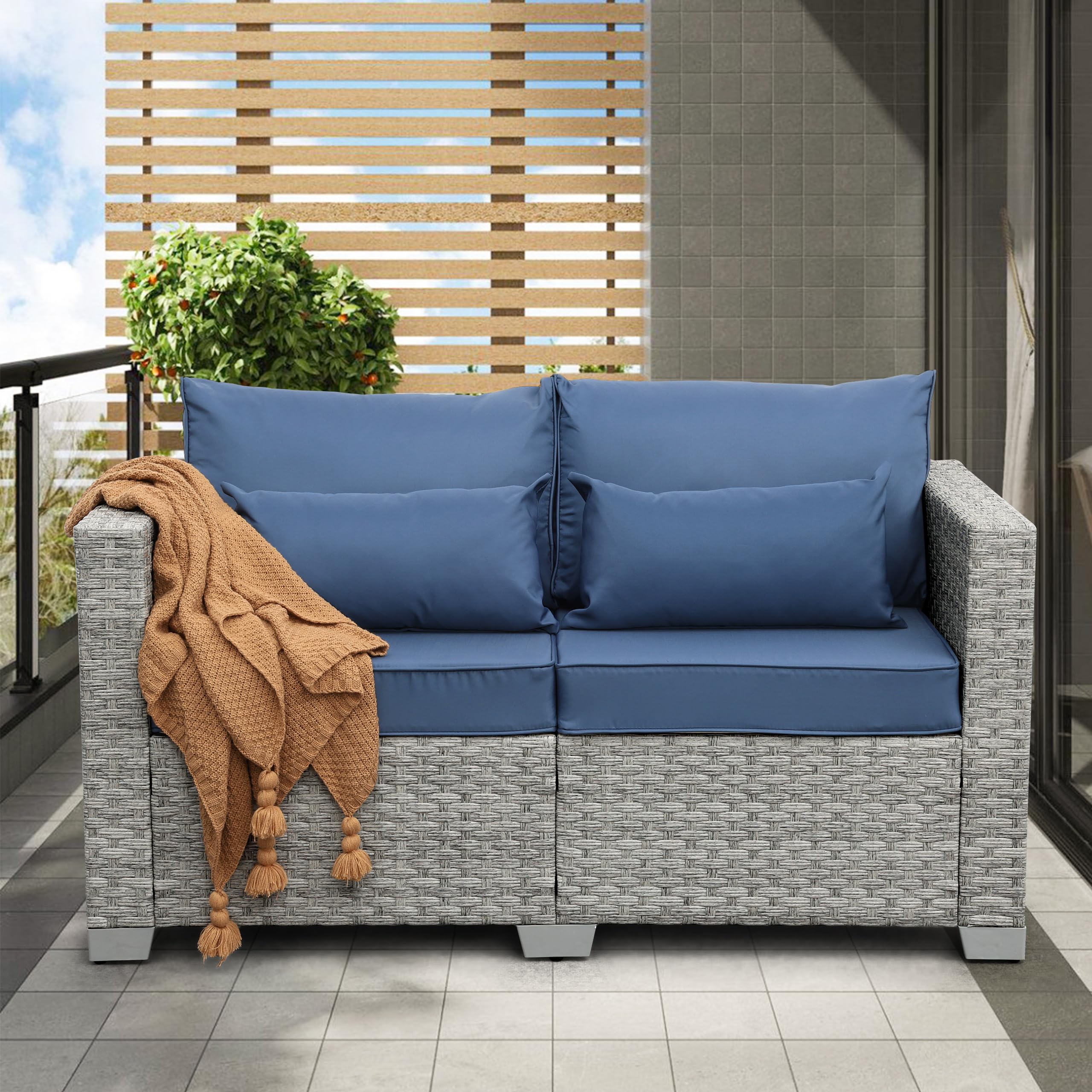 WAROOM Outdoor Wicker Loveseat 2-Seater Sofa - PE Rattan Patio Furniture with Blue Cushions | Perfect for Backyard, Garden, Balcony & Poolside Relaxation