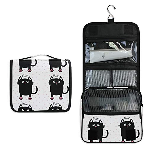 Black Cat with Pink Paws Cosmetic Bag - Hanging Travel Toiletry Organizer for Women, Portable Makeup Brush Case with Hook - Perfect for Bathroom, Gym & Vacation Essentials