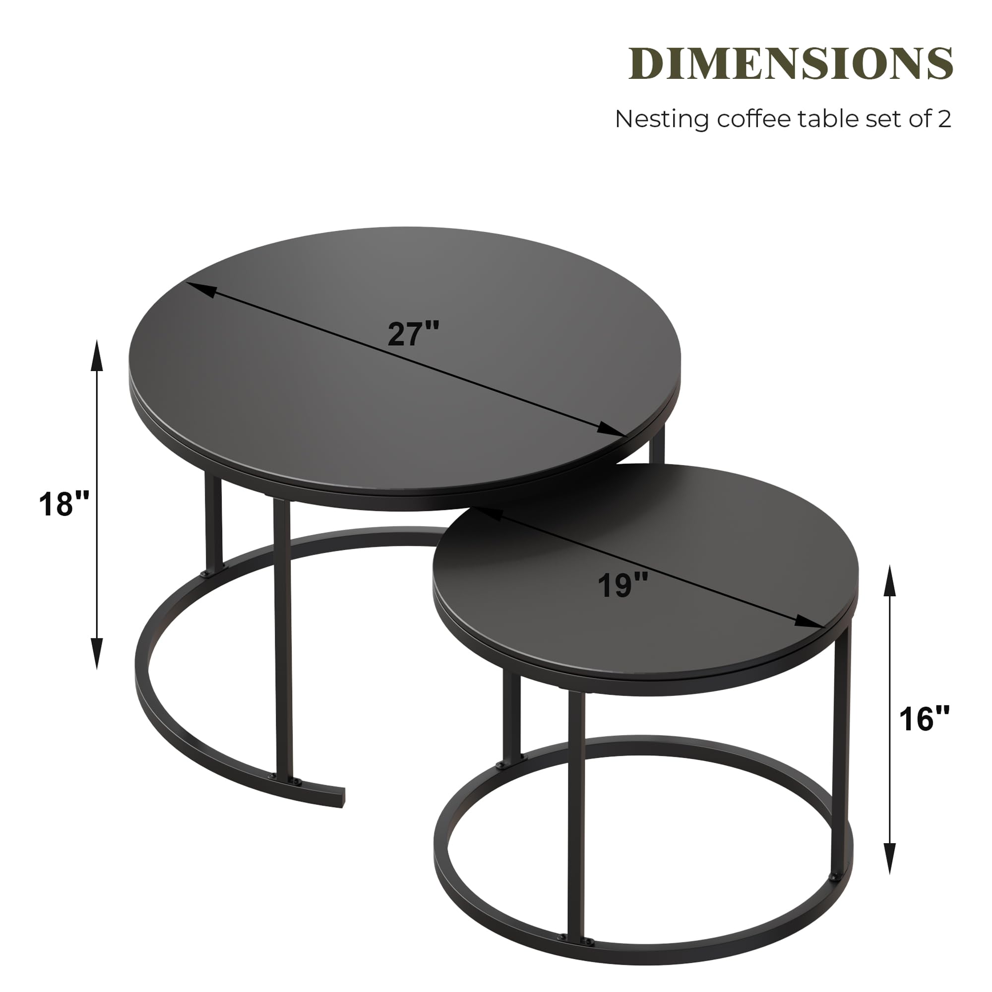 Modern Round Nesting Coffee Table Set of 2 - Black Sintered Stone Top with Sturdy Metal Frame - Living Room Center Table for Small Spaces | Perfect for Apartments, Condos & Cozy Home Decor