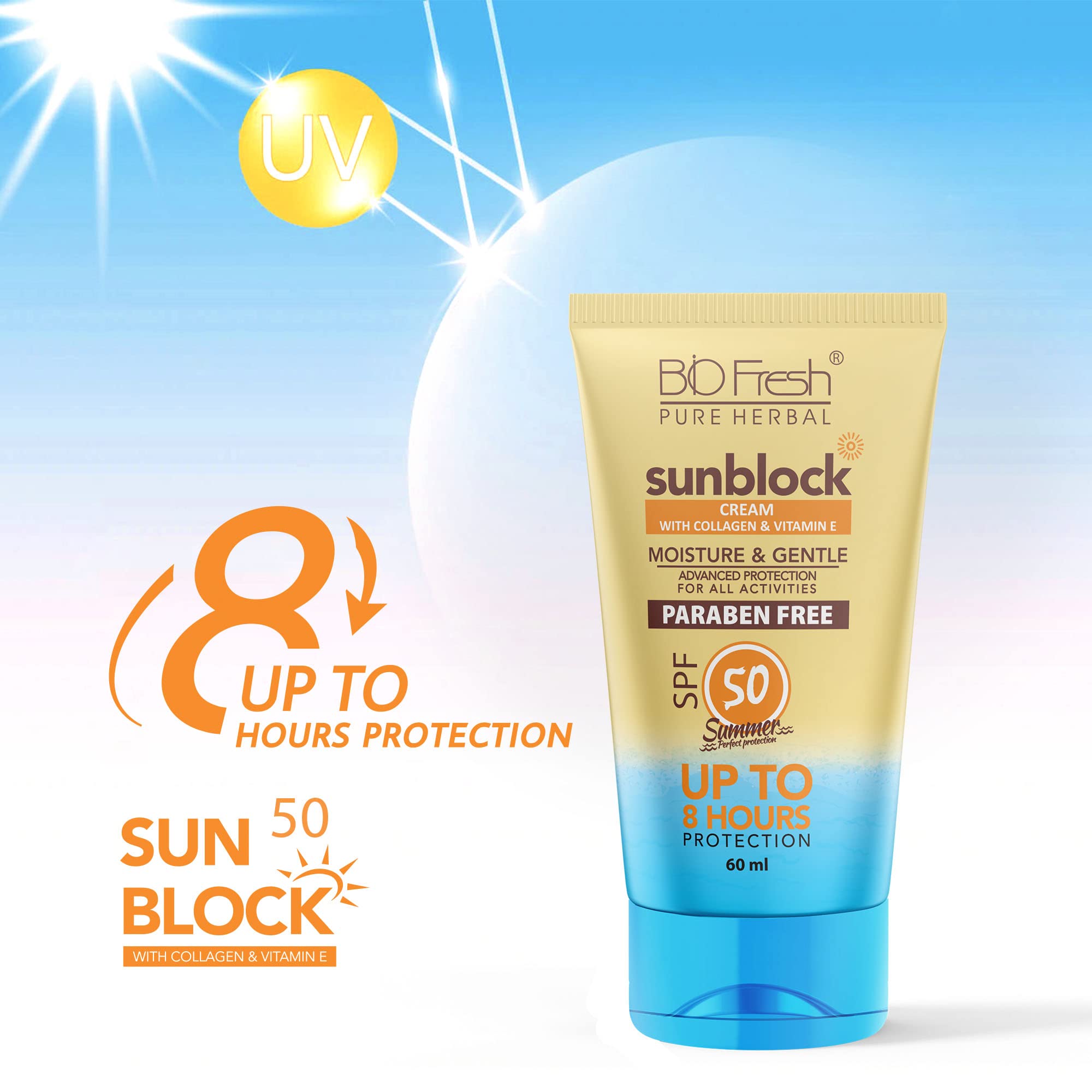 BIOFRESH HERBALS SPF 50 Sunscreen Cream - 60ml Face Sunscreen with Collagen & Vitamin E - UVA/UVB Protection for Oily, Dry & Acne-Prone Skin - No White Cast - Daily Moisturizer for Beach, Outdoor & Everyday Use