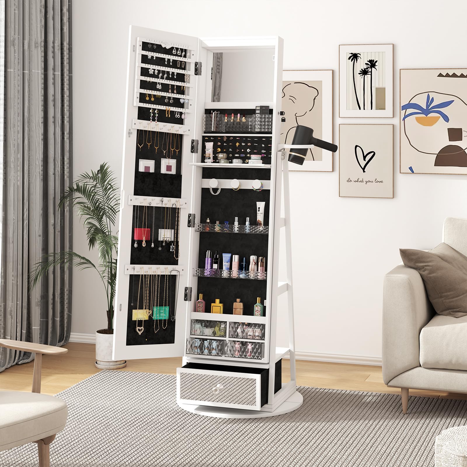 360° Swivel LED Jewelry Armoire with Full-Length Mirror - Foldable Makeup Organizer with Storage Shelves for Women & Girls | Perfect for Bedroom, Dressing Room & Closet Organization
