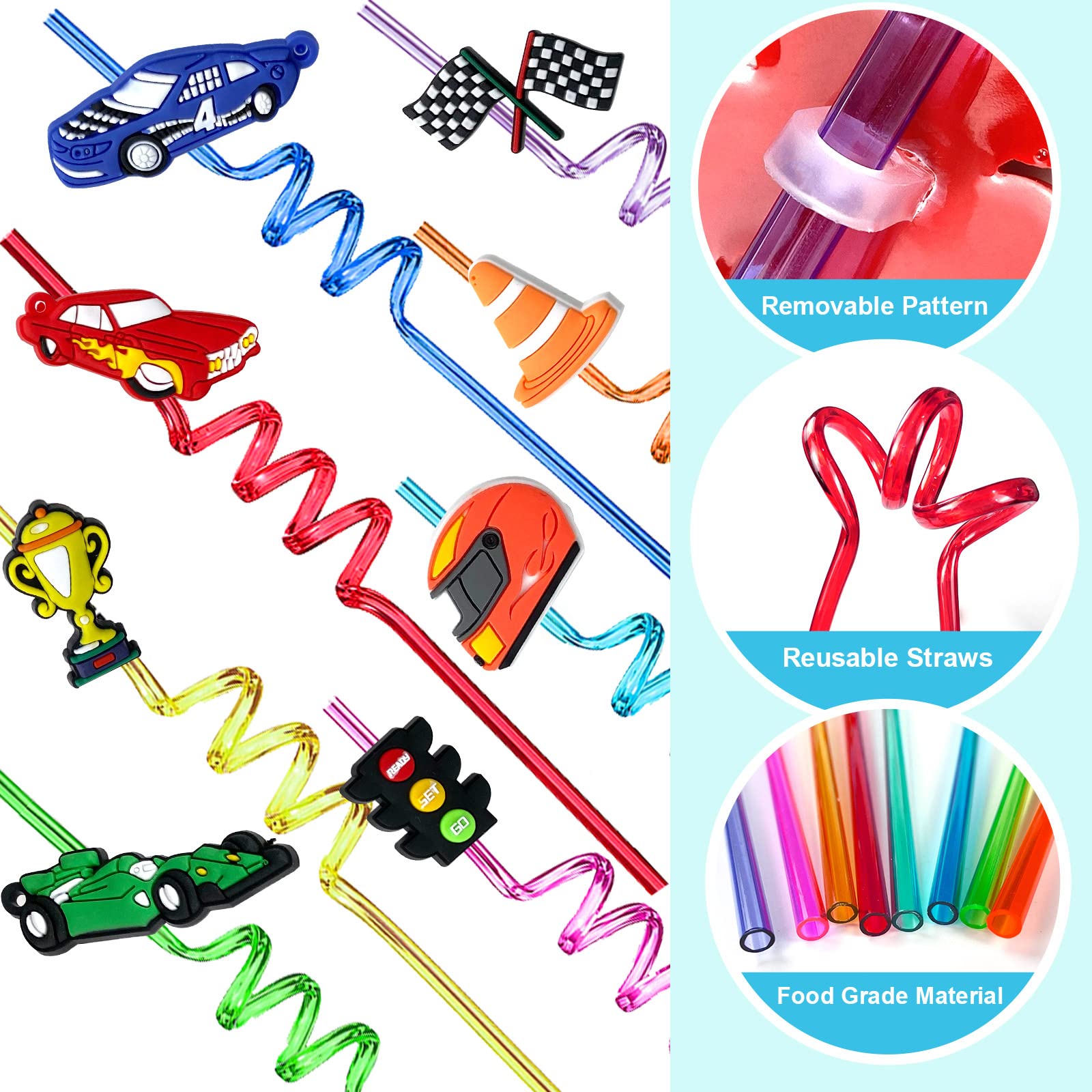 24 Pack Race Car Themed Reusable Straws - BPA Free Plastic Drinking Straws for Kids Birthday Parties, Sports Events & Decorations - Includes 2 Cleaning Brushes for Easy Maintenance - Perfect for Juice, Smoothies & Cocktails
